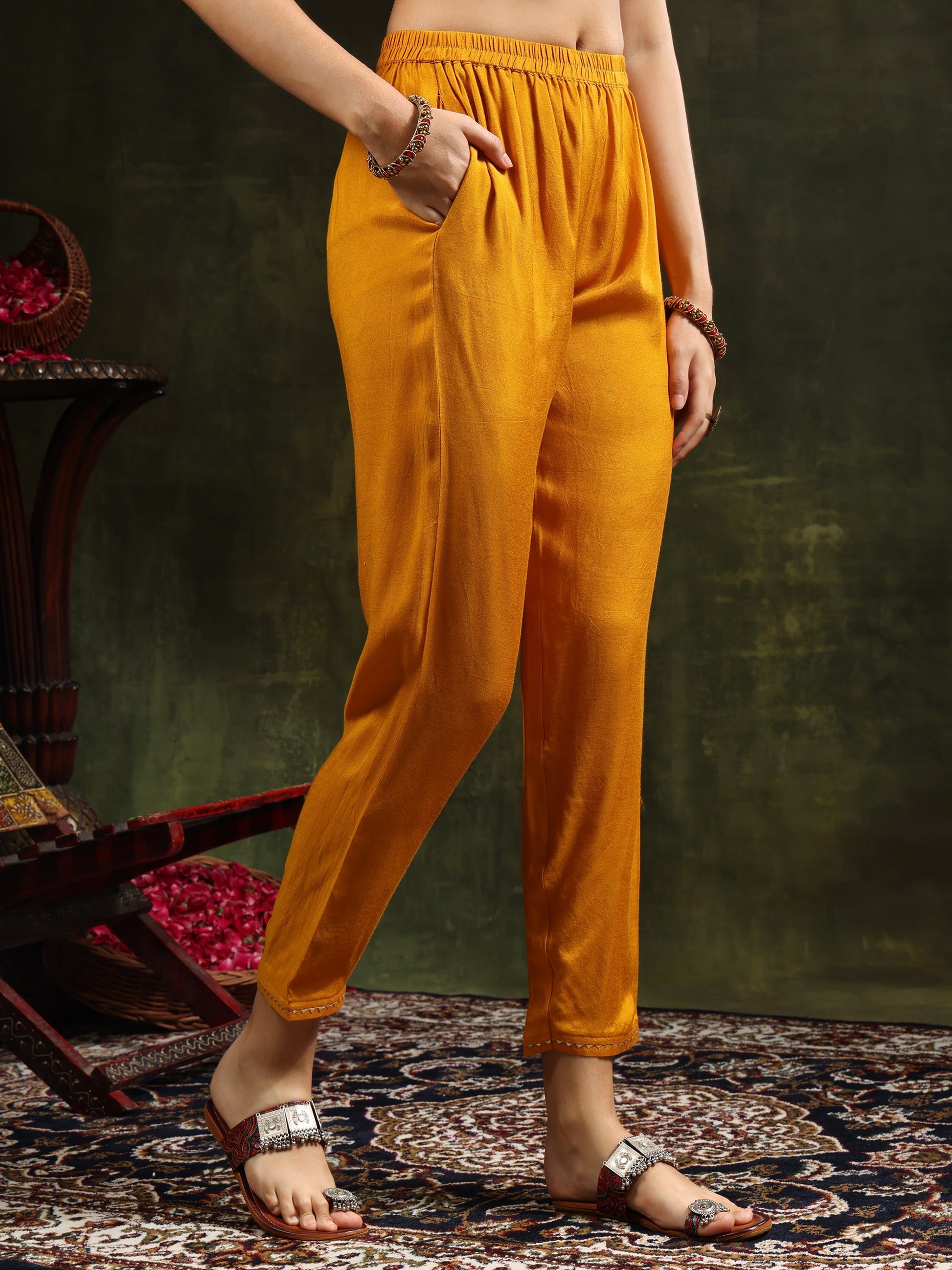 Hand Embroidered & Printed Pure Silk Kurta With Pant & Printed Dupatta, Mustard - Hiral Fashion