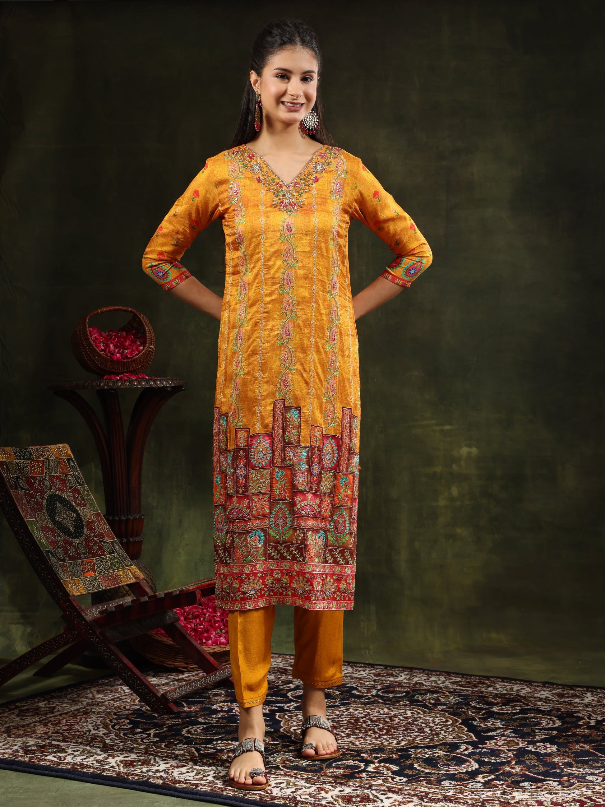 Hand Embroidered & Printed Pure Silk Kurta With Pant & Printed Dupatta, Mustard - Hiral Fashion