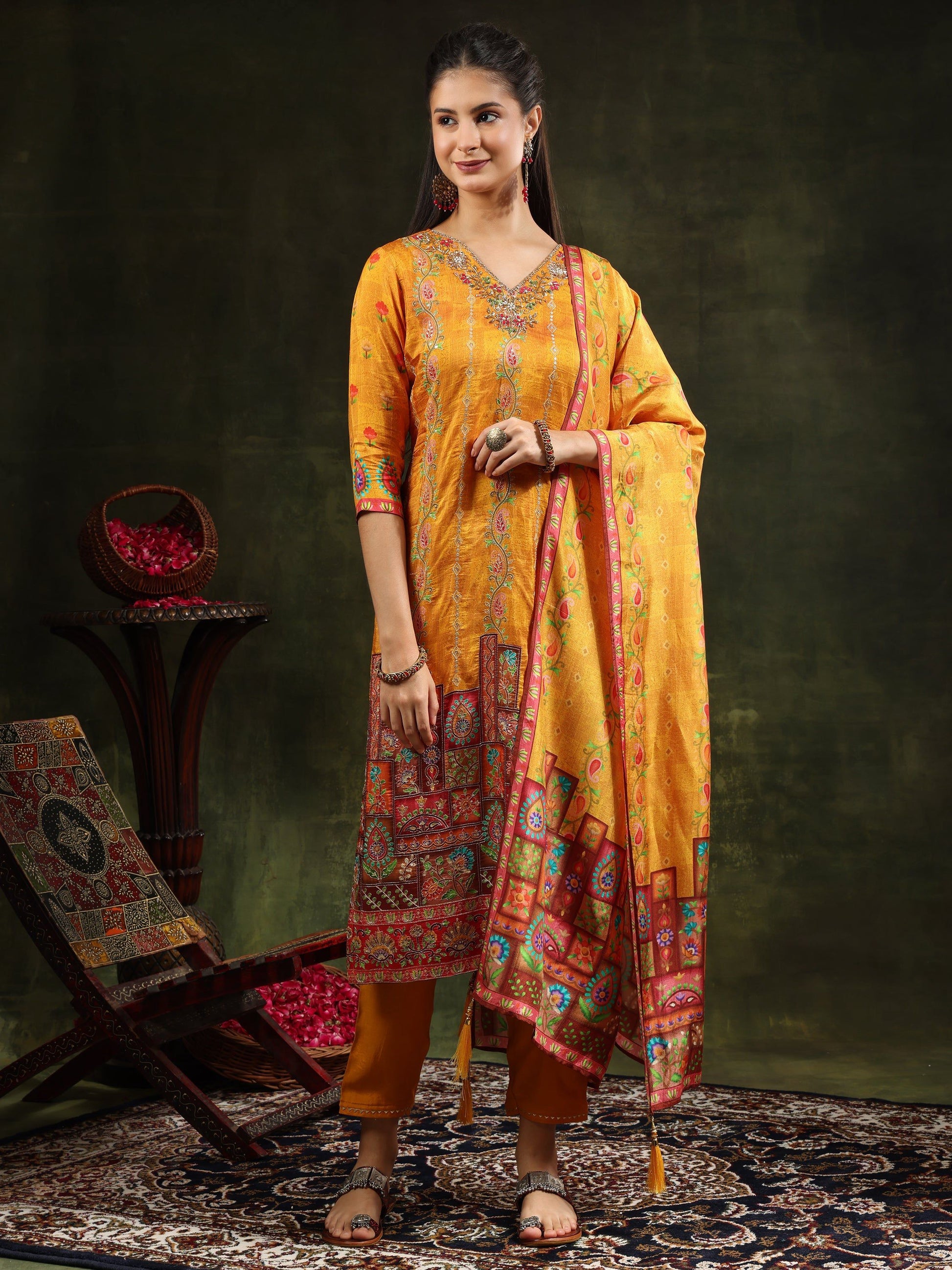 Hand Embroidered & Printed Pure Silk Kurta With Pant & Printed Dupatta, Mustard - Hiral Fashion