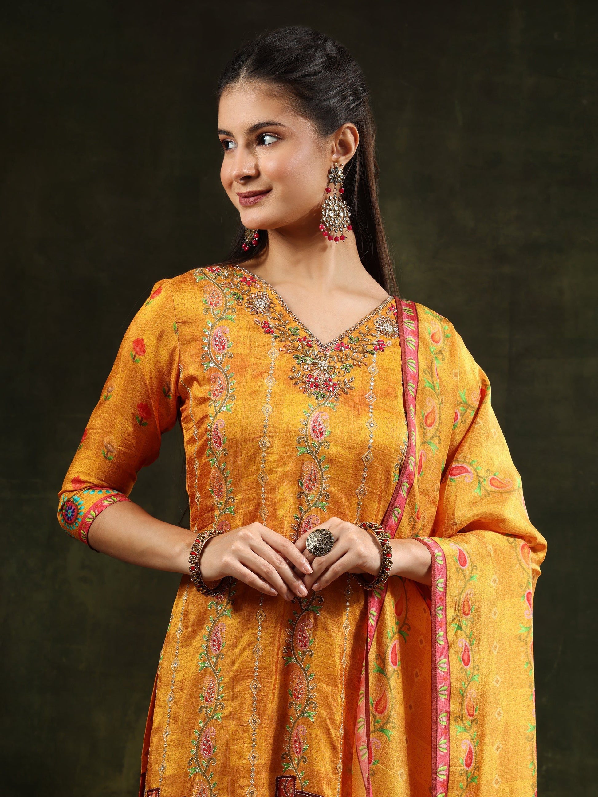 Hand Embroidered & Printed Pure Silk Kurta With Pant & Printed Dupatta, Mustard - Hiral Fashion