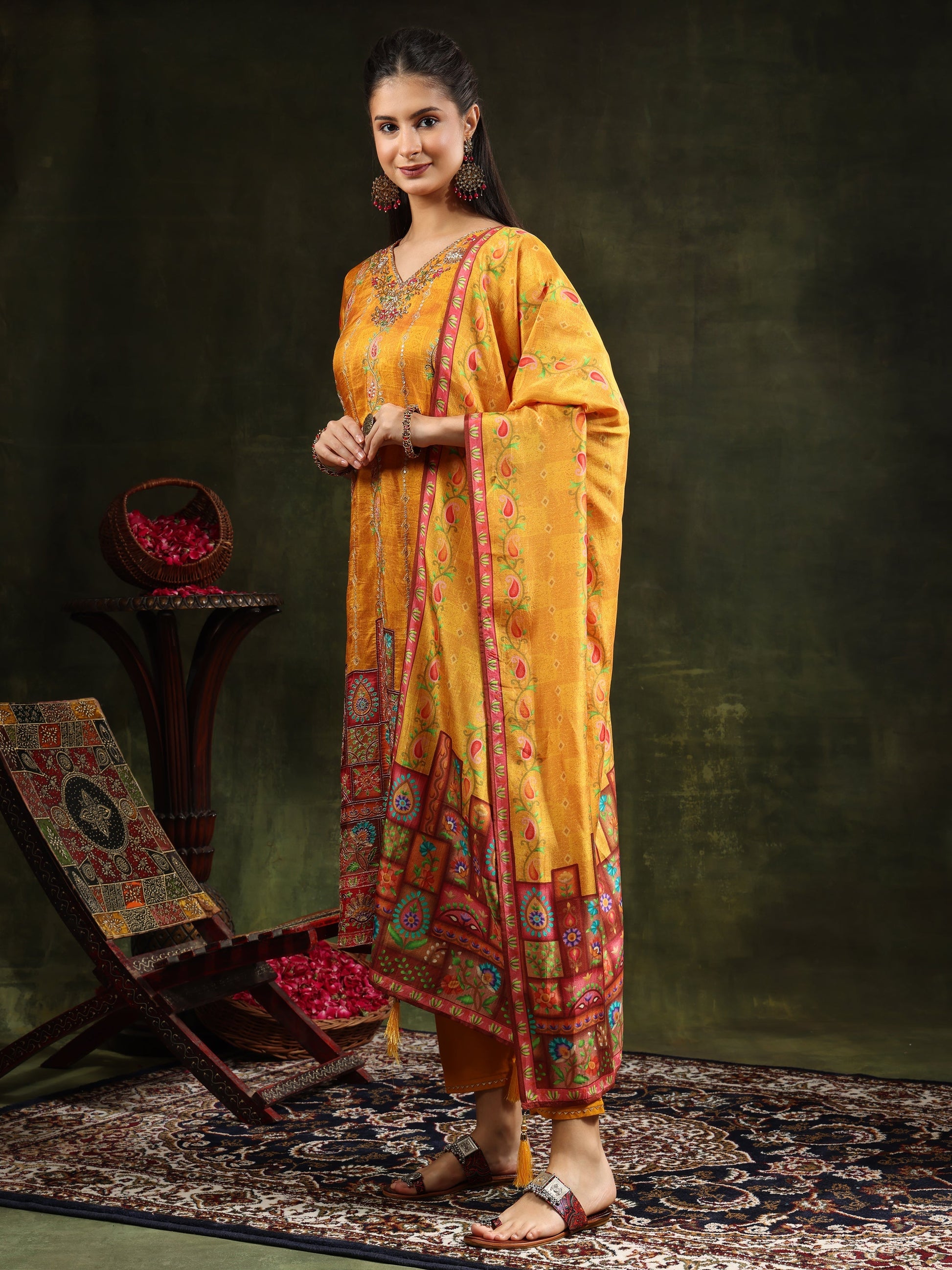 Hand Embroidered & Printed Pure Silk Kurta With Pant & Printed Dupatta, Mustard - Hiral Fashion