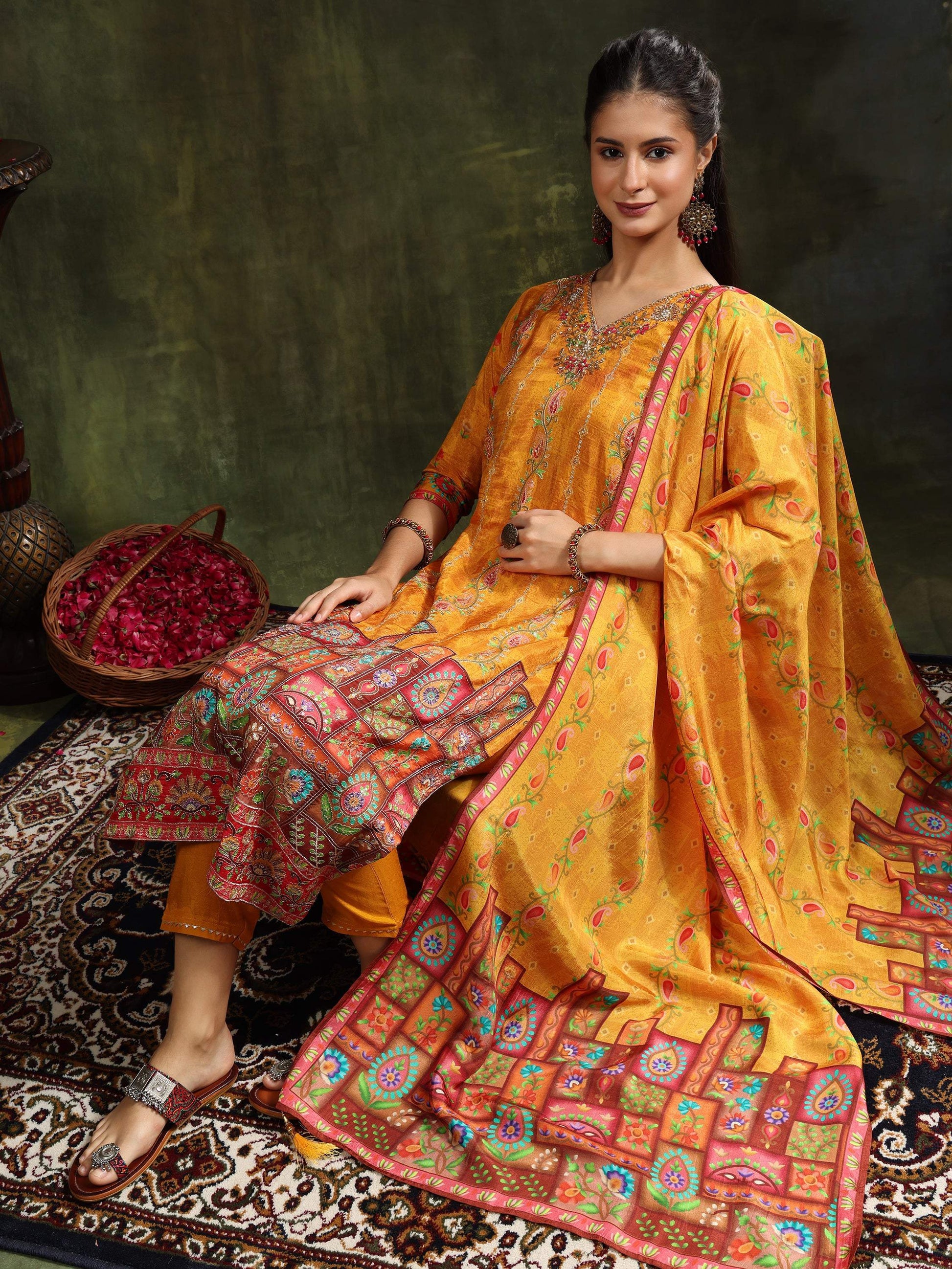 Hand Embroidered & Printed Pure Silk Kurta With Pant & Printed Dupatta, Mustard - Hiral Fashion