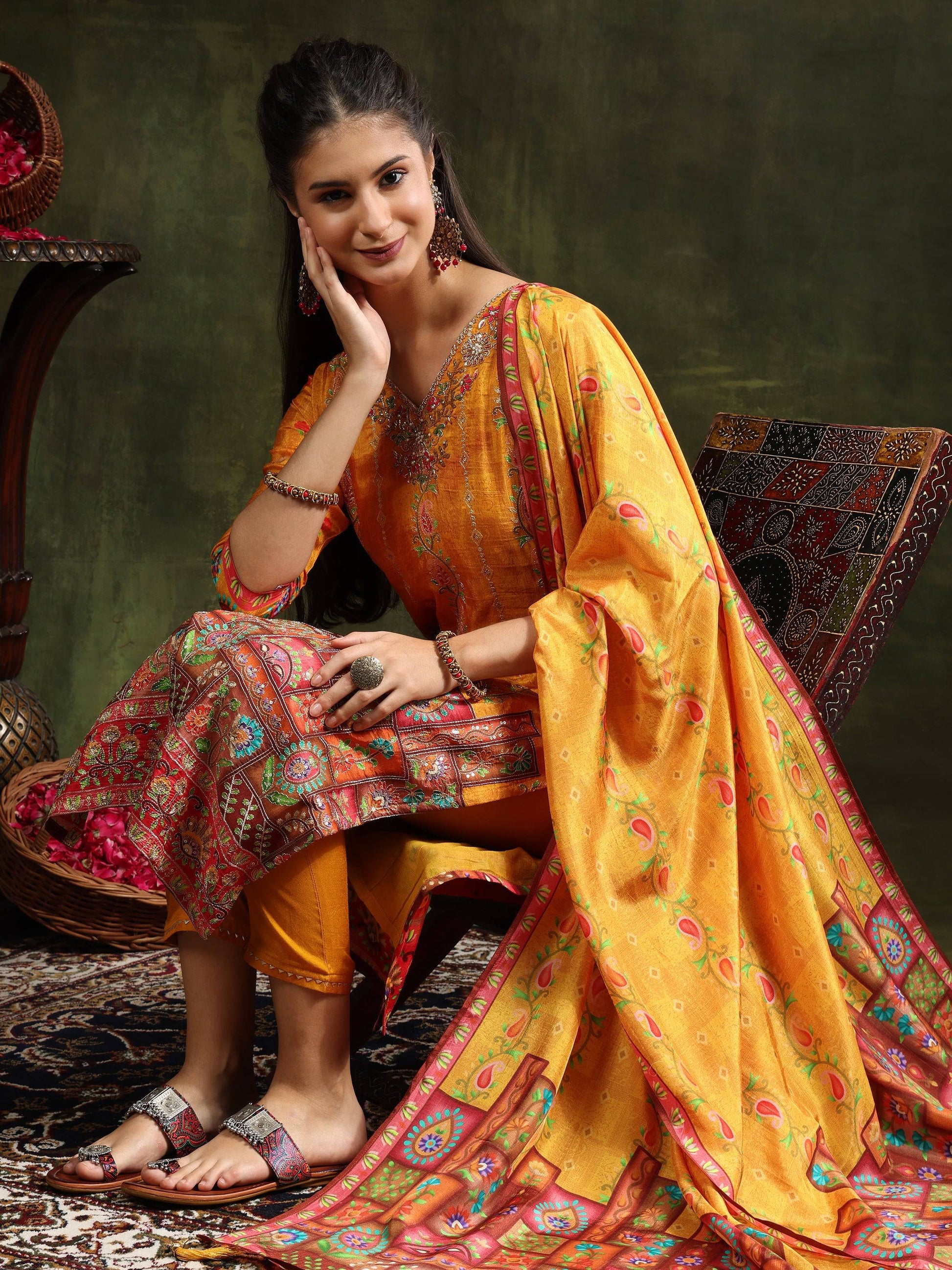 Hand Embroidered & Printed Pure Silk Kurta With Pant & Printed Dupatta, Mustard - Hiral Fashion