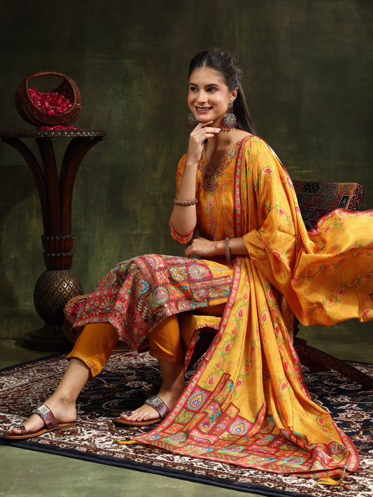 Hand Embroidered & Printed Pure Silk Kurta With Pant & Printed Dupatta, Mustard - Hiral Fashion
