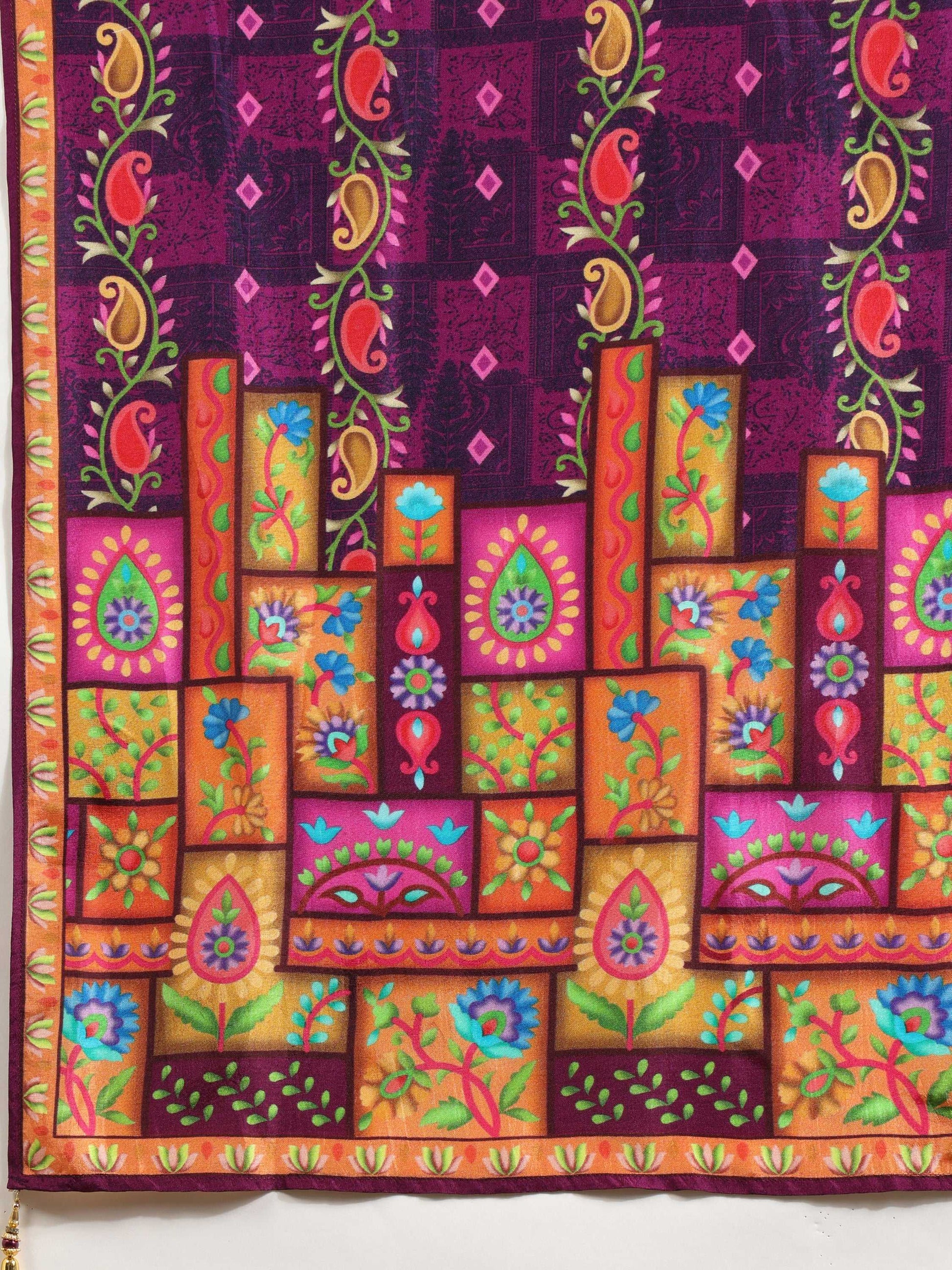 Hand Embroidered & Printed Pure Silk Kurta With Pant & Printed Dupatta, Purple - Hiral Fashion
