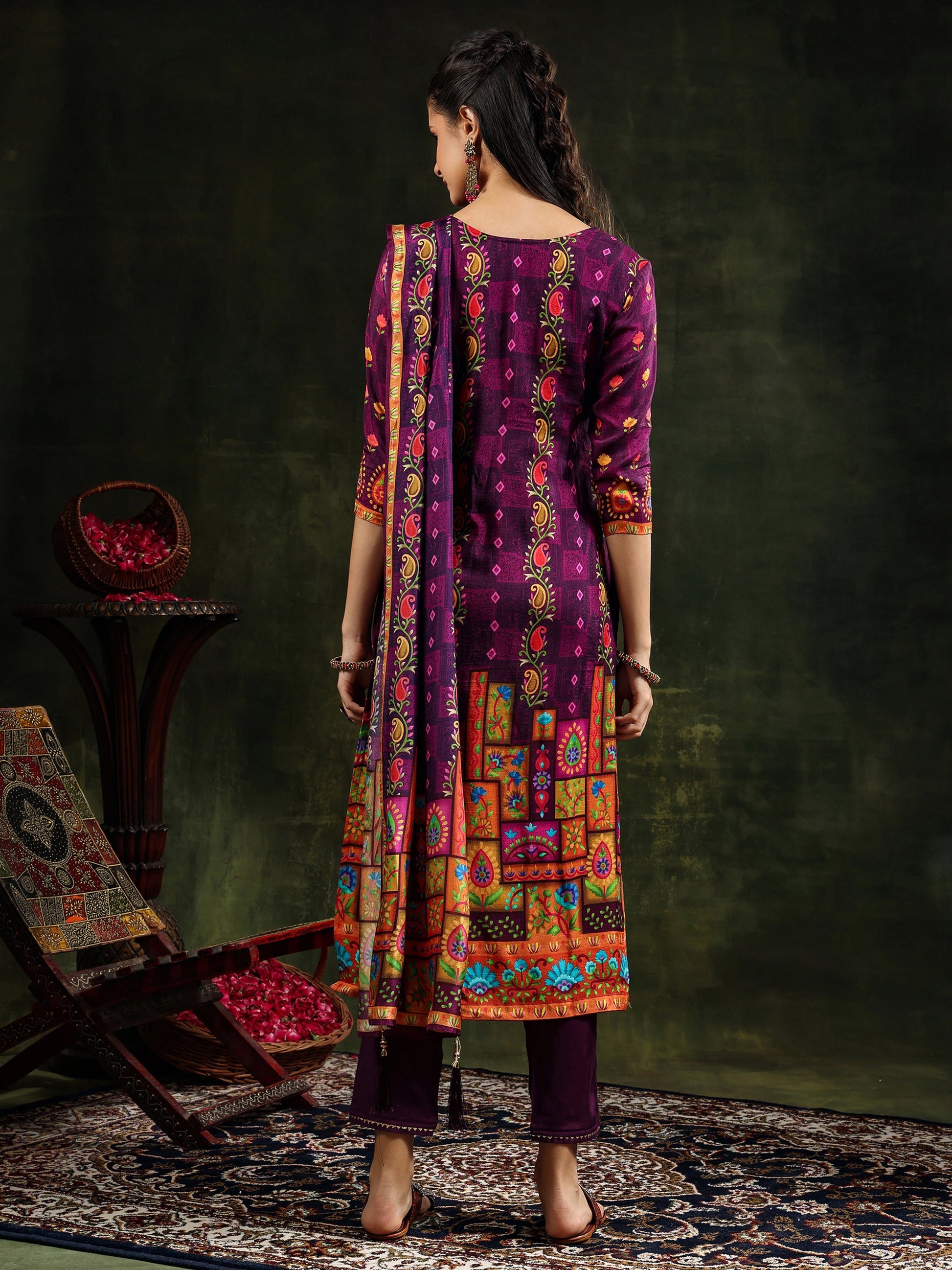 Hand Embroidered & Printed Pure Silk Kurta With Pant & Printed Dupatta, Purple - Hiral Fashion