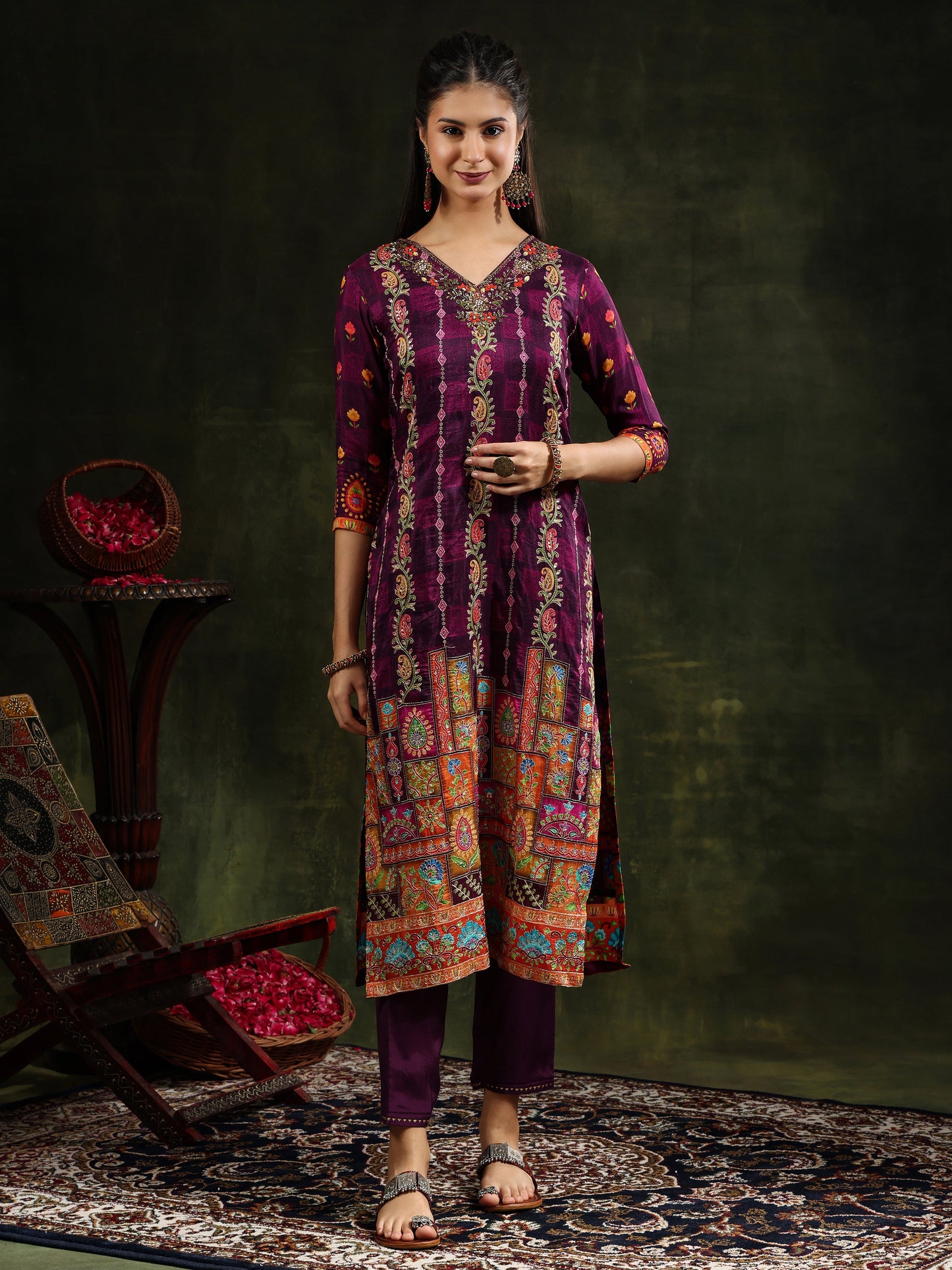Hand Embroidered & Printed Pure Silk Kurta With Pant & Printed Dupatta, Purple - Hiral Fashion