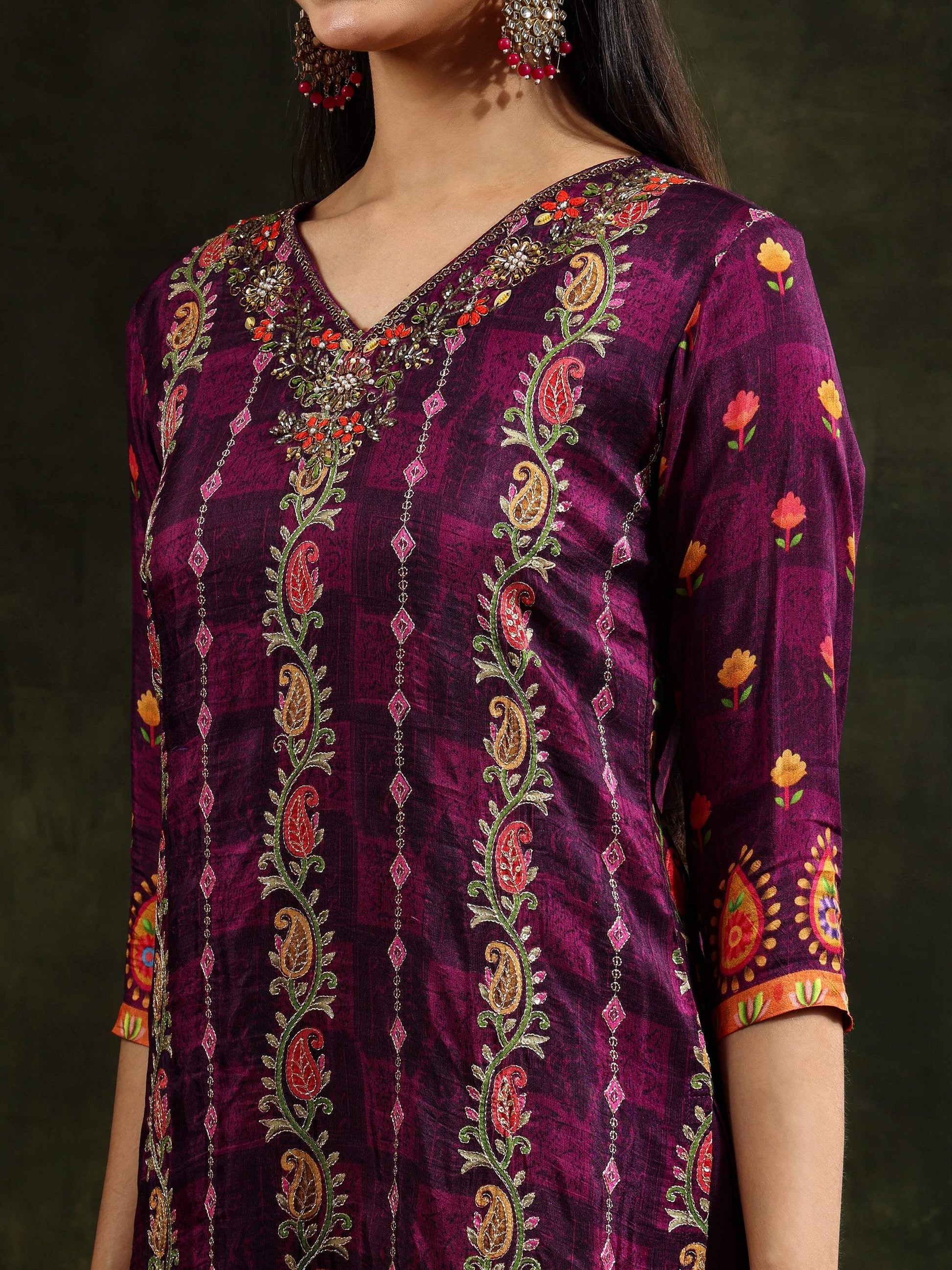 Hand Embroidered & Printed Pure Silk Kurta With Pant & Printed Dupatta, Purple - Hiral Fashion