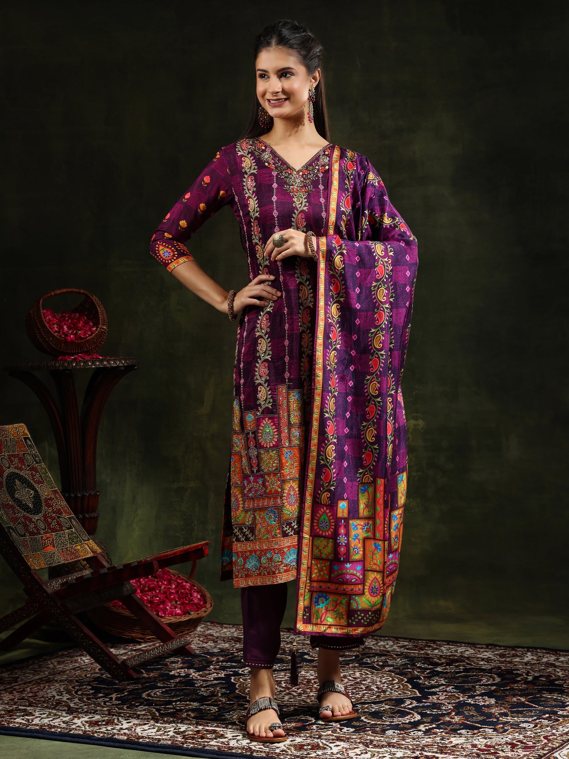 Hand Embroidered & Printed Pure Silk Kurta With Pant & Printed Dupatta, Purple - Hiral Fashion