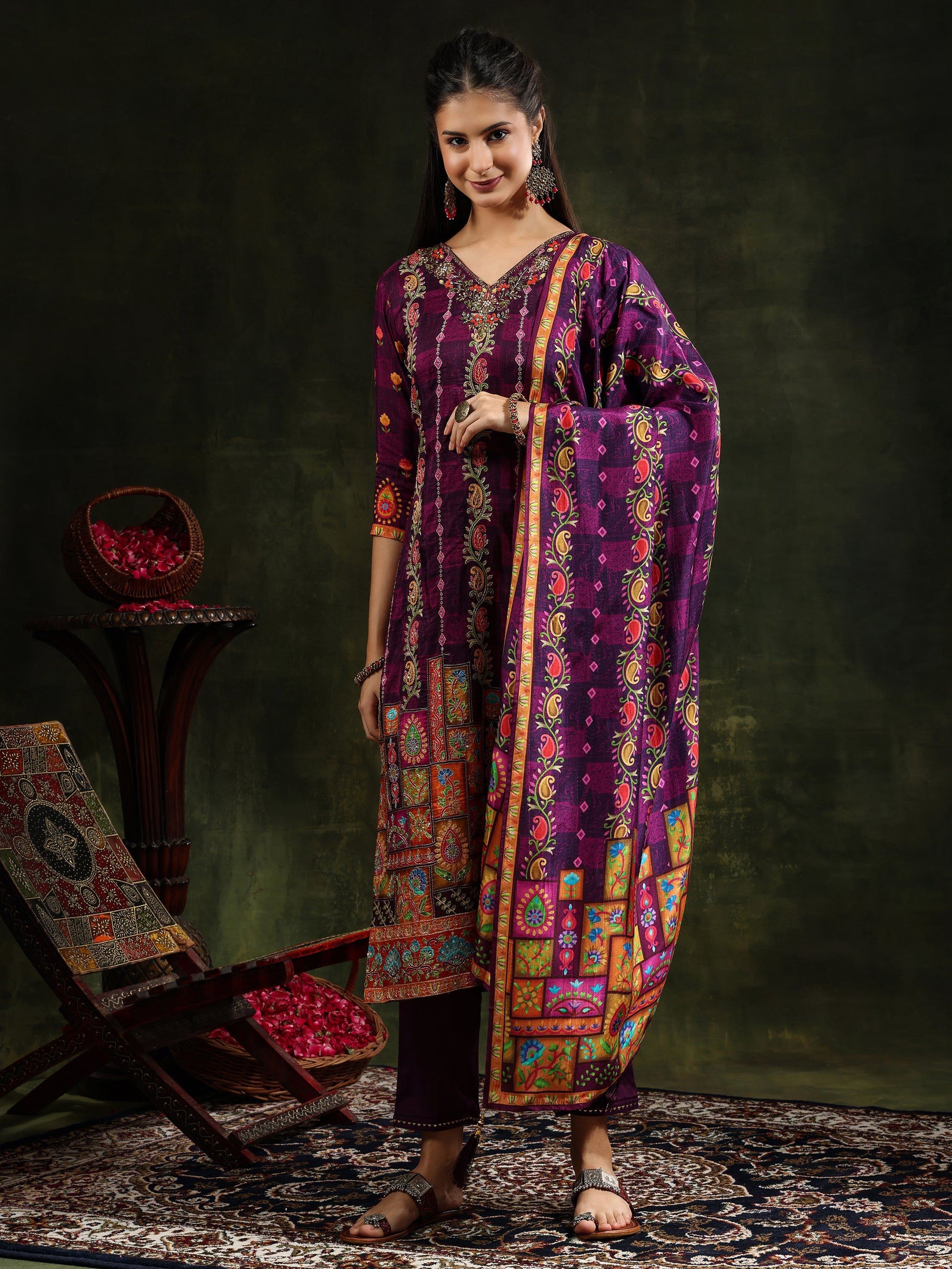 Hand Embroidered & Printed Pure Silk Kurta With Pant & Printed Dupatta, Purple - Hiral Fashion