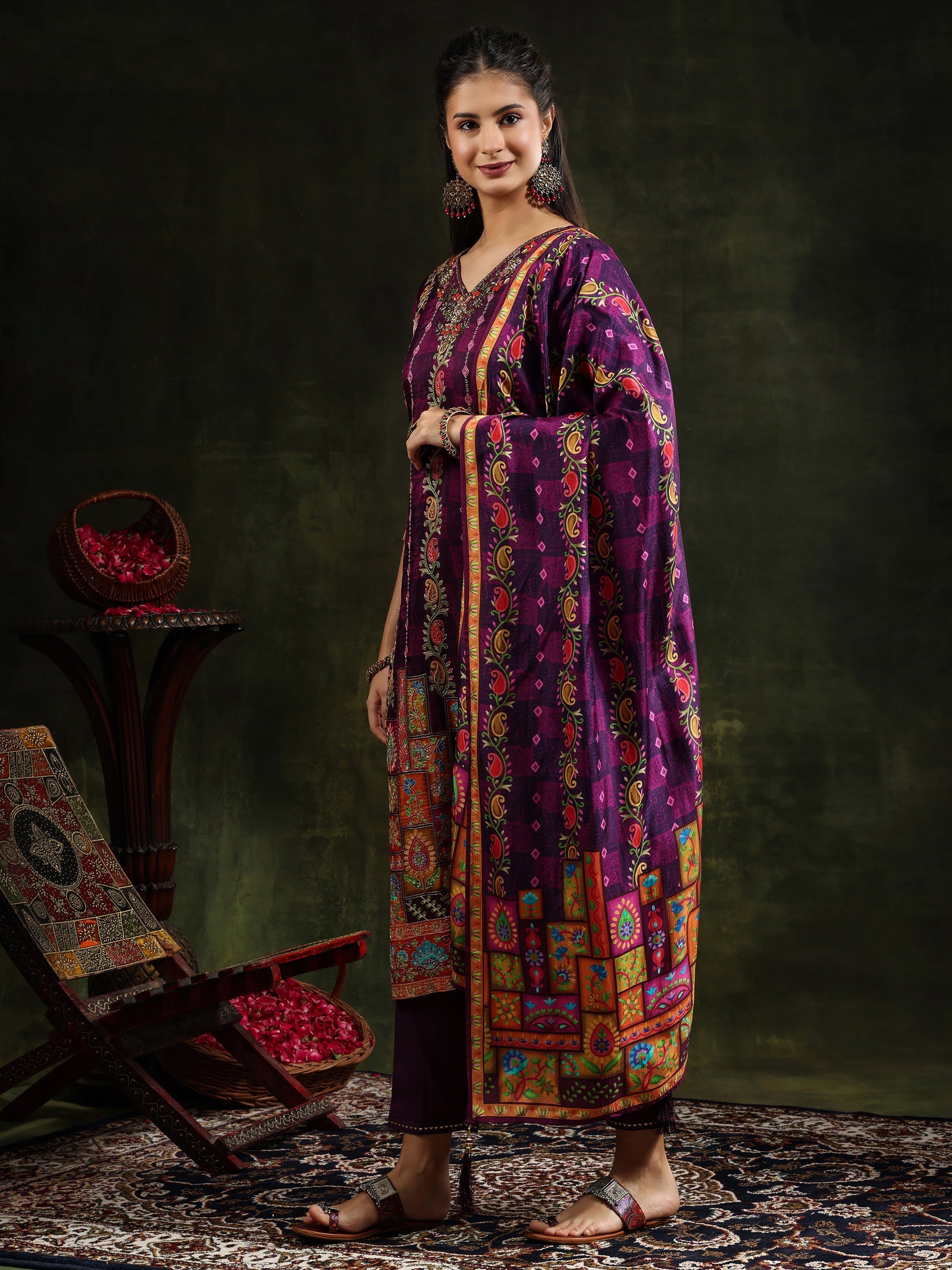 Hand Embroidered & Printed Pure Silk Kurta With Pant & Printed Dupatta, Purple - Hiral Fashion