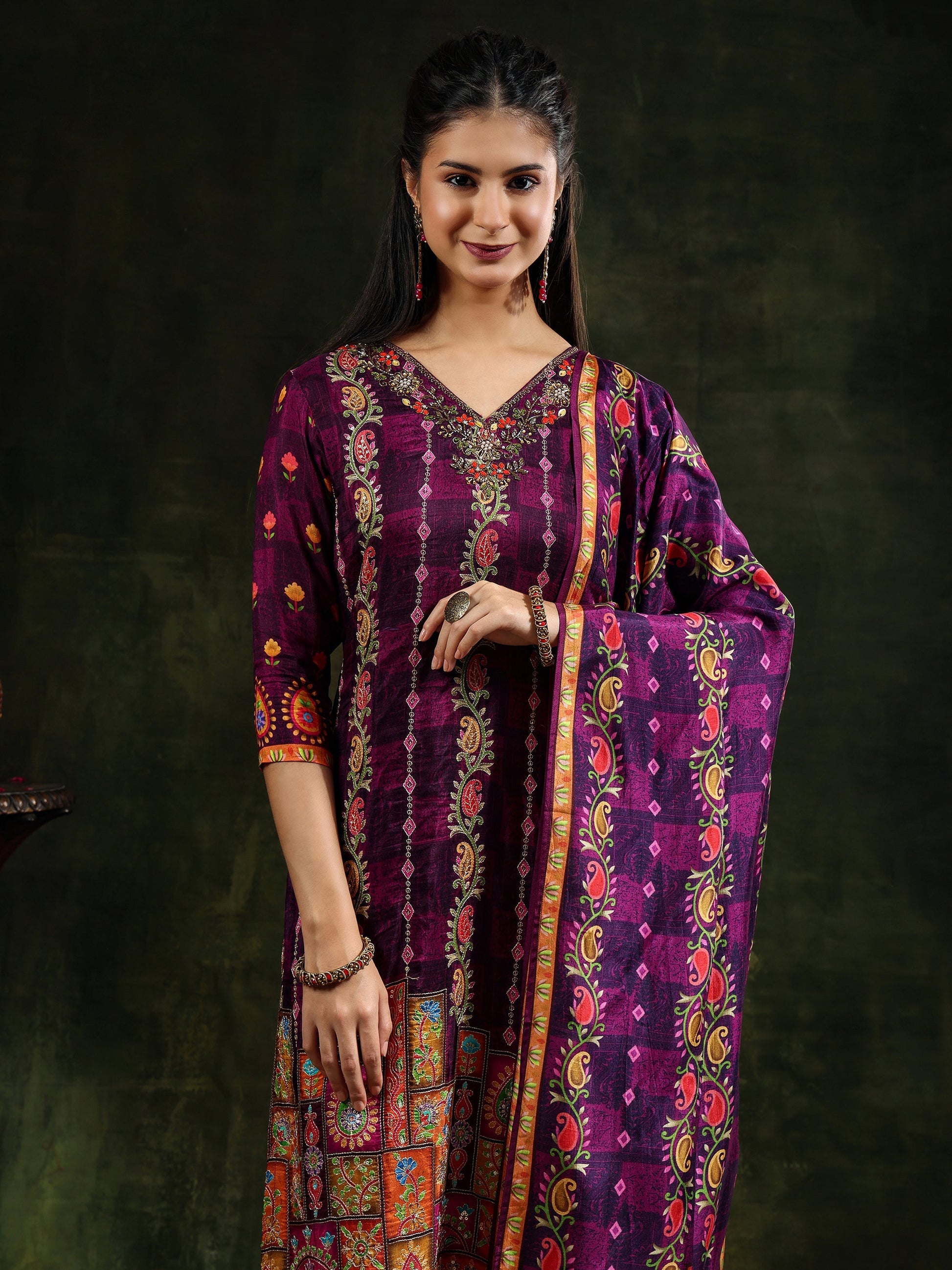 Hand Embroidered & Printed Pure Silk Kurta With Pant & Printed Dupatta, Purple - Hiral Fashion