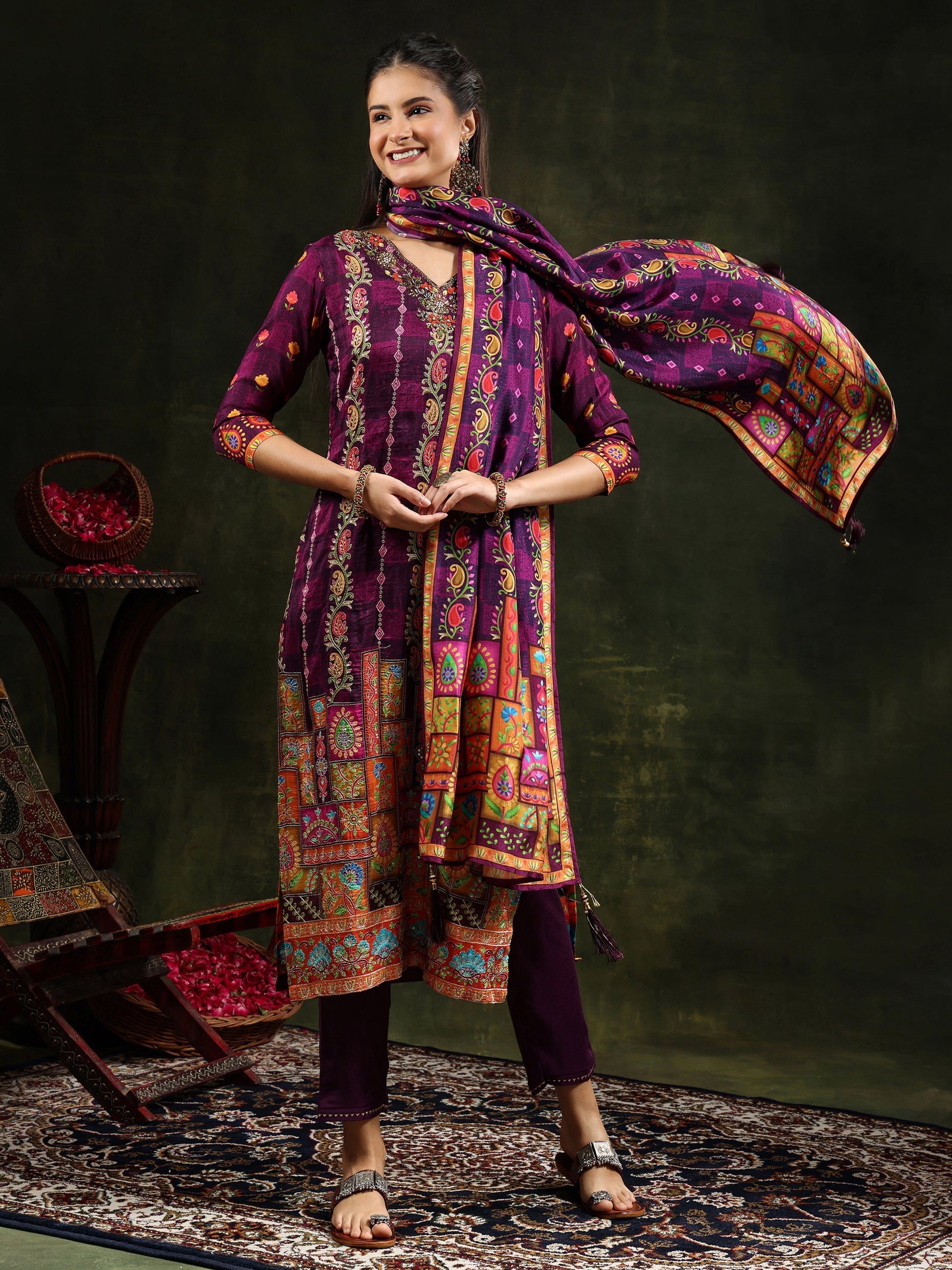 Hand Embroidered & Printed Pure Silk Kurta With Pant & Printed Dupatta, Purple - Hiral Fashion