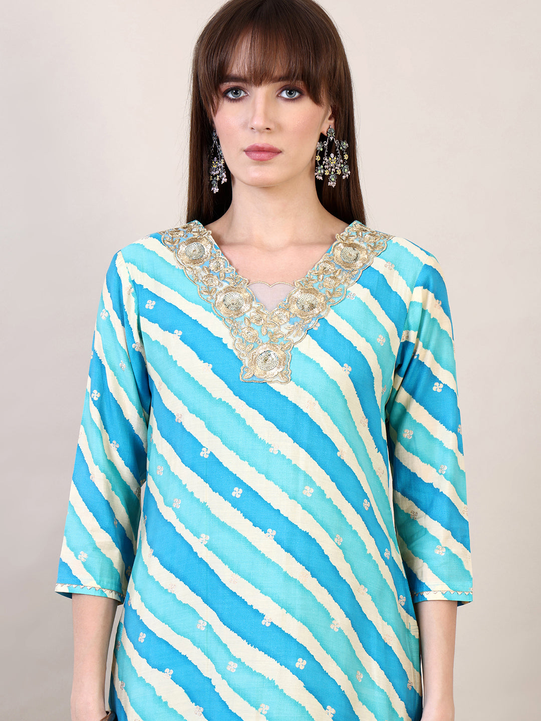 Leheriya Printed & Applique Embroidered Kurta With Pant & Dupatta, Blue - Hiral Fashion