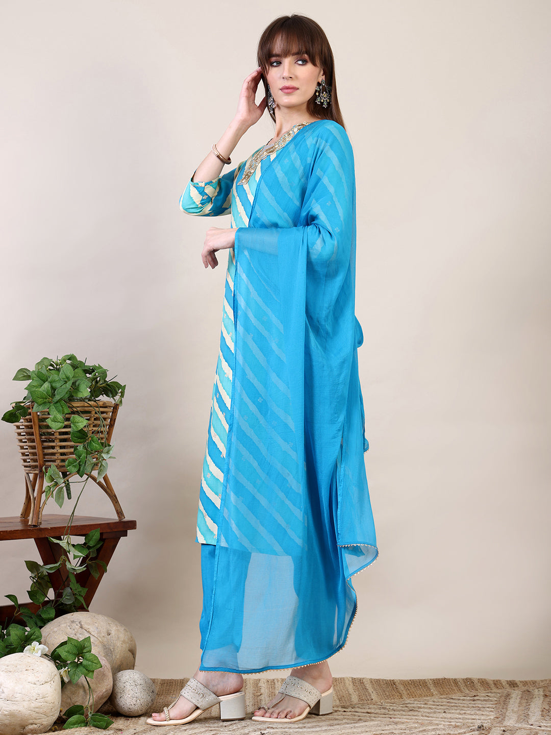 Leheriya Printed & Applique Embroidered Kurta With Pant & Dupatta, Blue - Hiral Fashion
