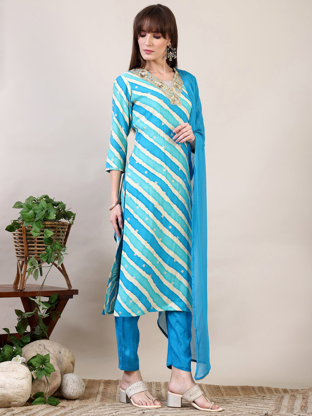 Leheriya Printed & Applique Embroidered Kurta With Pant & Dupatta, Blue - Hiral Fashion