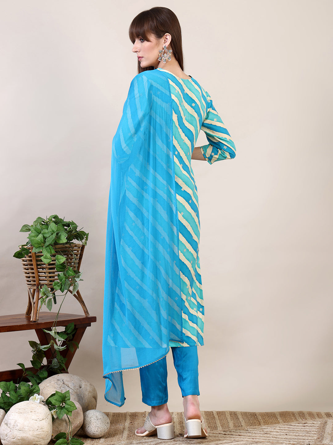 Leheriya Printed & Applique Embroidered Kurta With Pant & Dupatta, Blue - Hiral Fashion