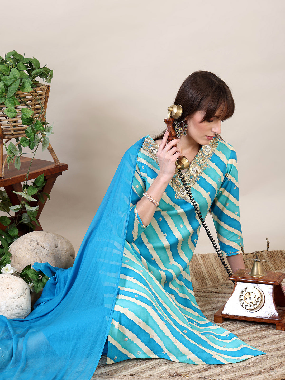 Leheriya Printed & Applique Embroidered Kurta With Pant & Dupatta, Blue - Hiral Fashion
