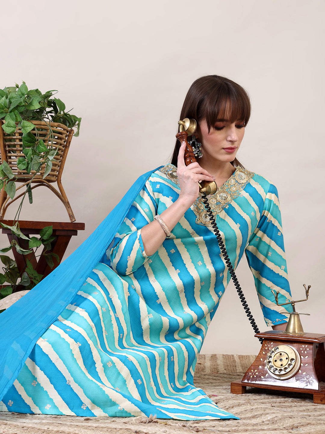 Leheriya Printed & Applique Embroidered Kurta With Pant & Dupatta, Blue - Hiral Fashion