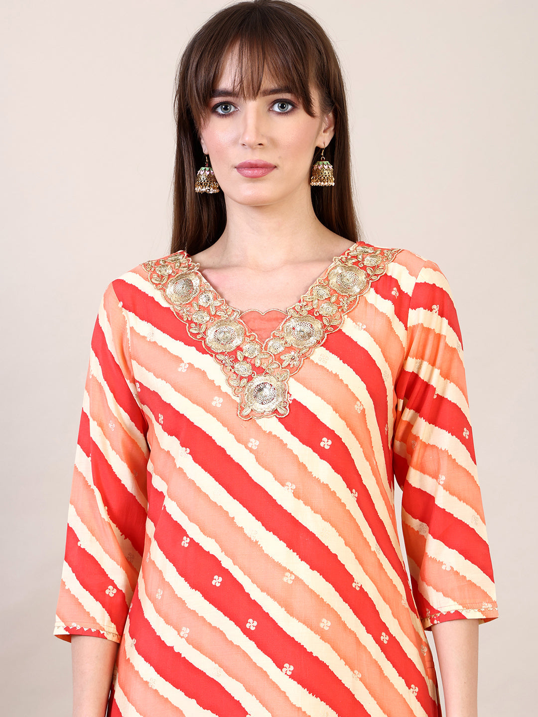 Leheriya Printed & Applique Embroidered Kurta With Pant & Dupatta, Orange - Hiral Fashion