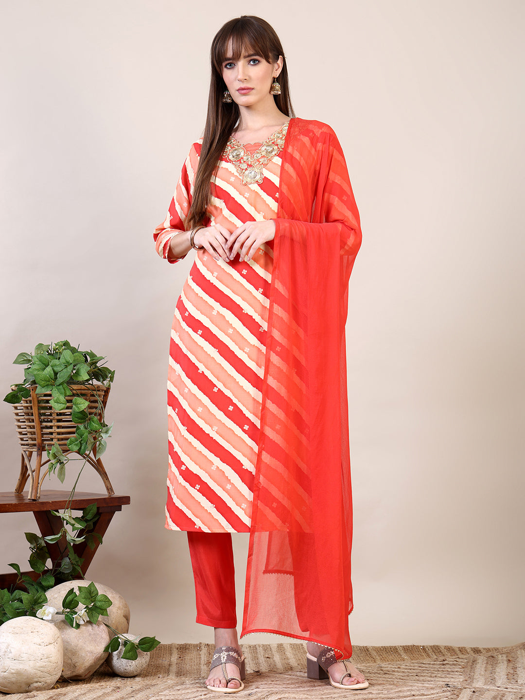 Leheriya Printed & Applique Embroidered Kurta With Pant & Dupatta, Orange - Hiral Fashion
