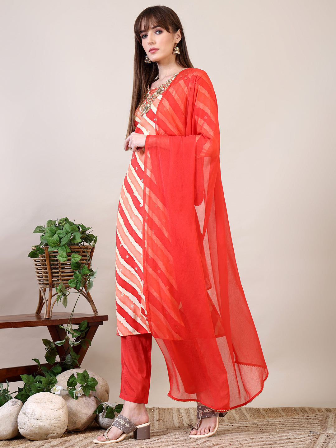 Leheriya Printed & Applique Embroidered Kurta With Pant & Dupatta, Orange - Hiral Fashion