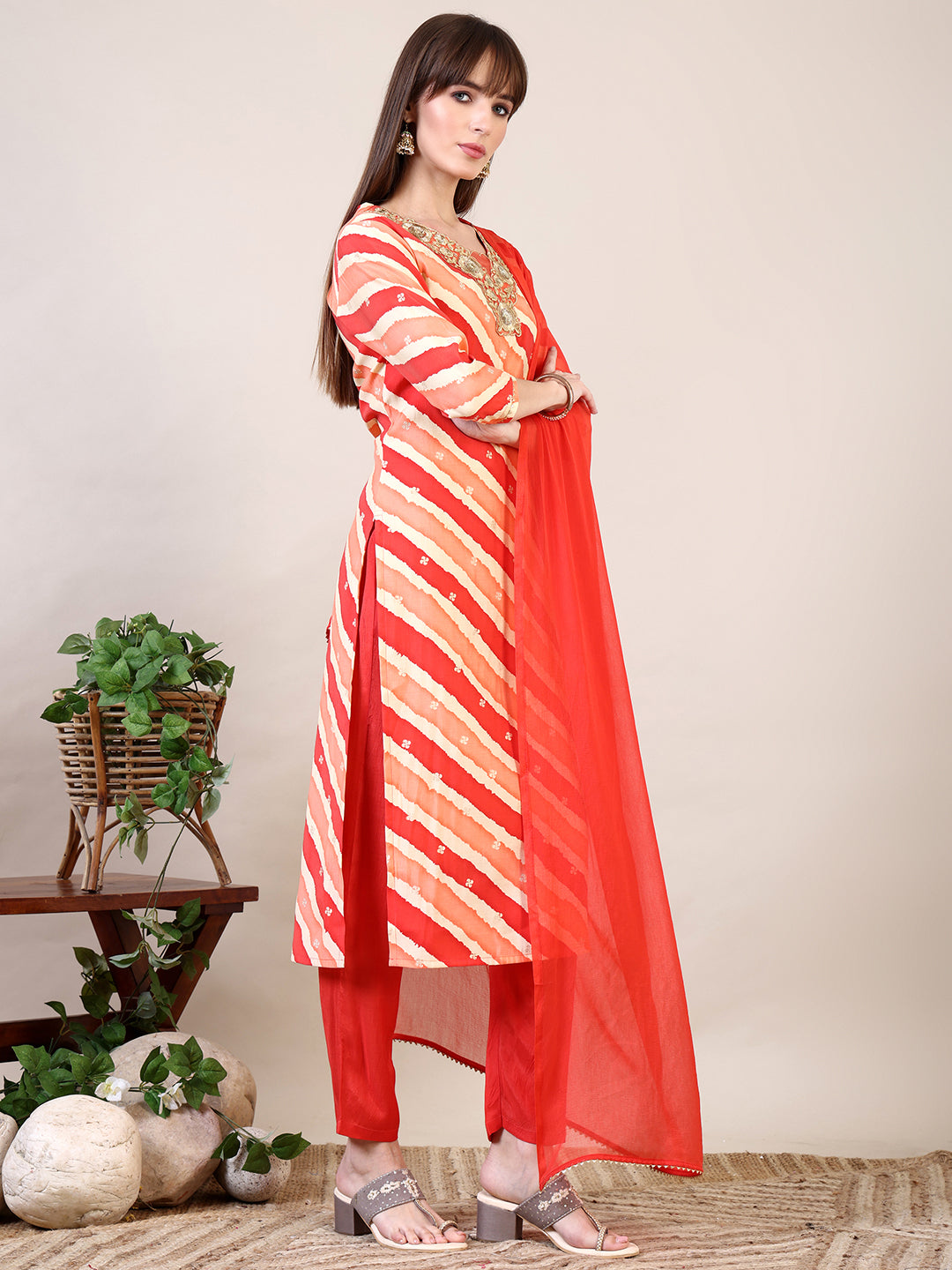Leheriya Printed & Applique Embroidered Kurta With Pant & Dupatta, Orange - Hiral Fashion