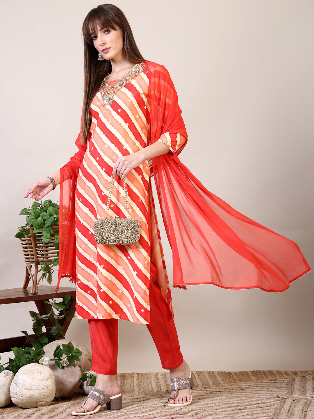 Leheriya Printed & Applique Embroidered Kurta With Pant & Dupatta, Orange - Hiral Fashion