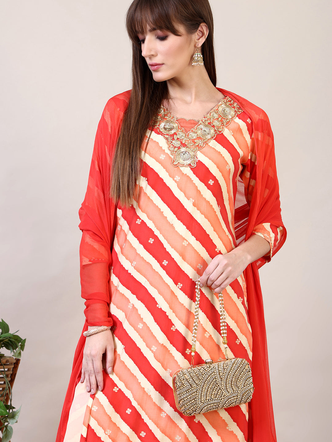 Leheriya Printed & Applique Embroidered Kurta With Pant & Dupatta, Orange - Hiral Fashion