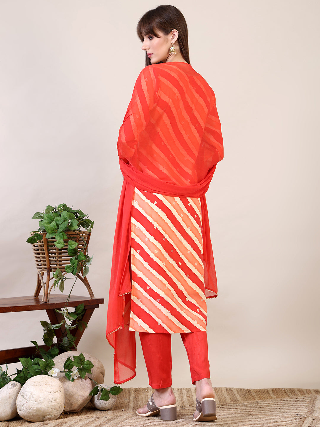 Leheriya Printed & Applique Embroidered Kurta With Pant & Dupatta, Orange - Hiral Fashion