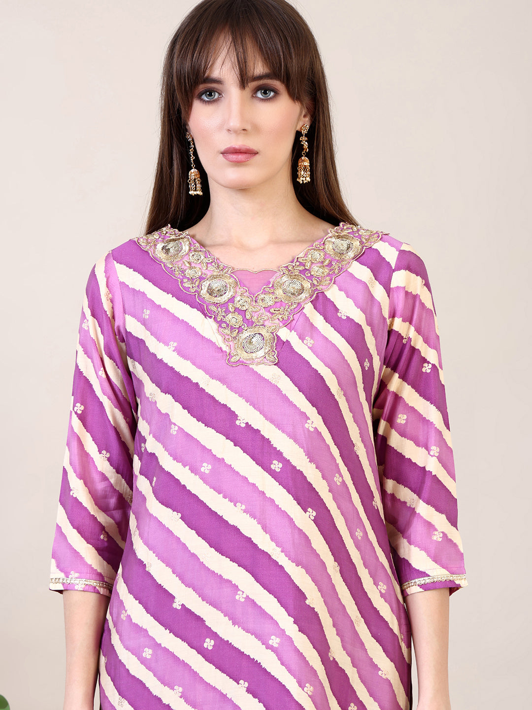 Leheriya Printed & Applique Embroidered Kurta With Pant & Dupatta, Pink - Hiral Fashion
