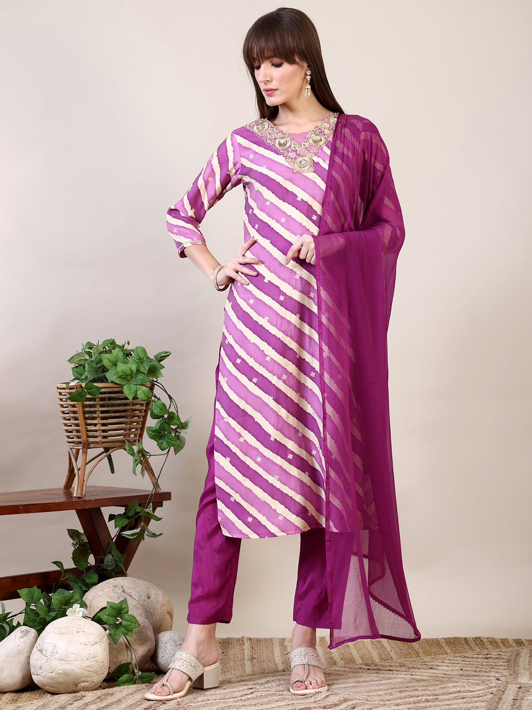 Leheriya Printed & Applique Embroidered Kurta With Pant & Dupatta, Pink - Hiral Fashion