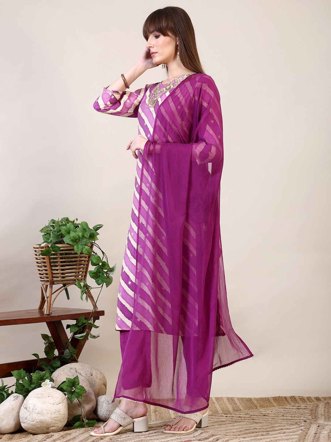 Leheriya Printed & Applique Embroidered Kurta With Pant & Dupatta, Pink - Hiral Fashion