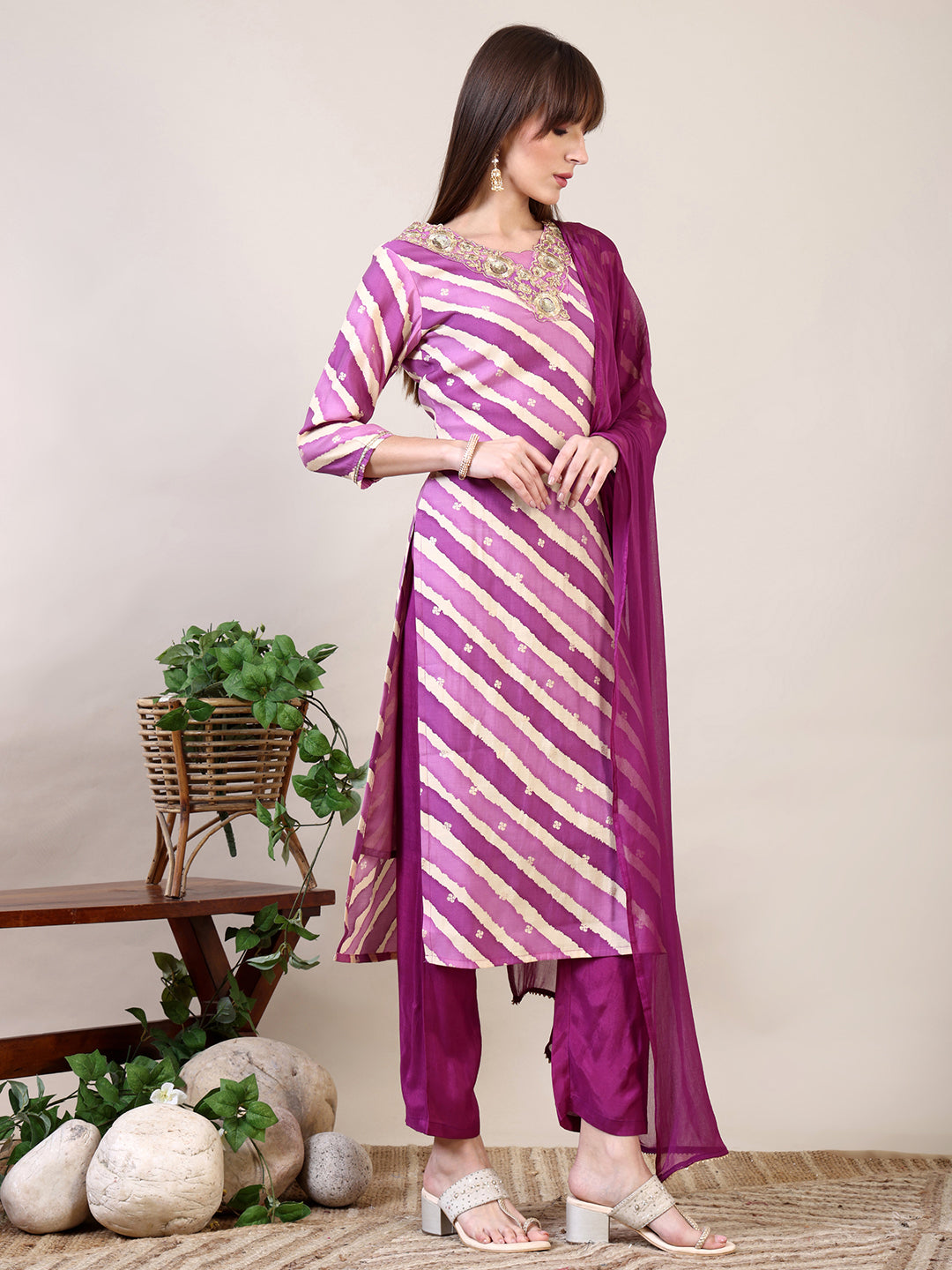 Leheriya Printed & Applique Embroidered Kurta With Pant & Dupatta, Pink - Hiral Fashion
