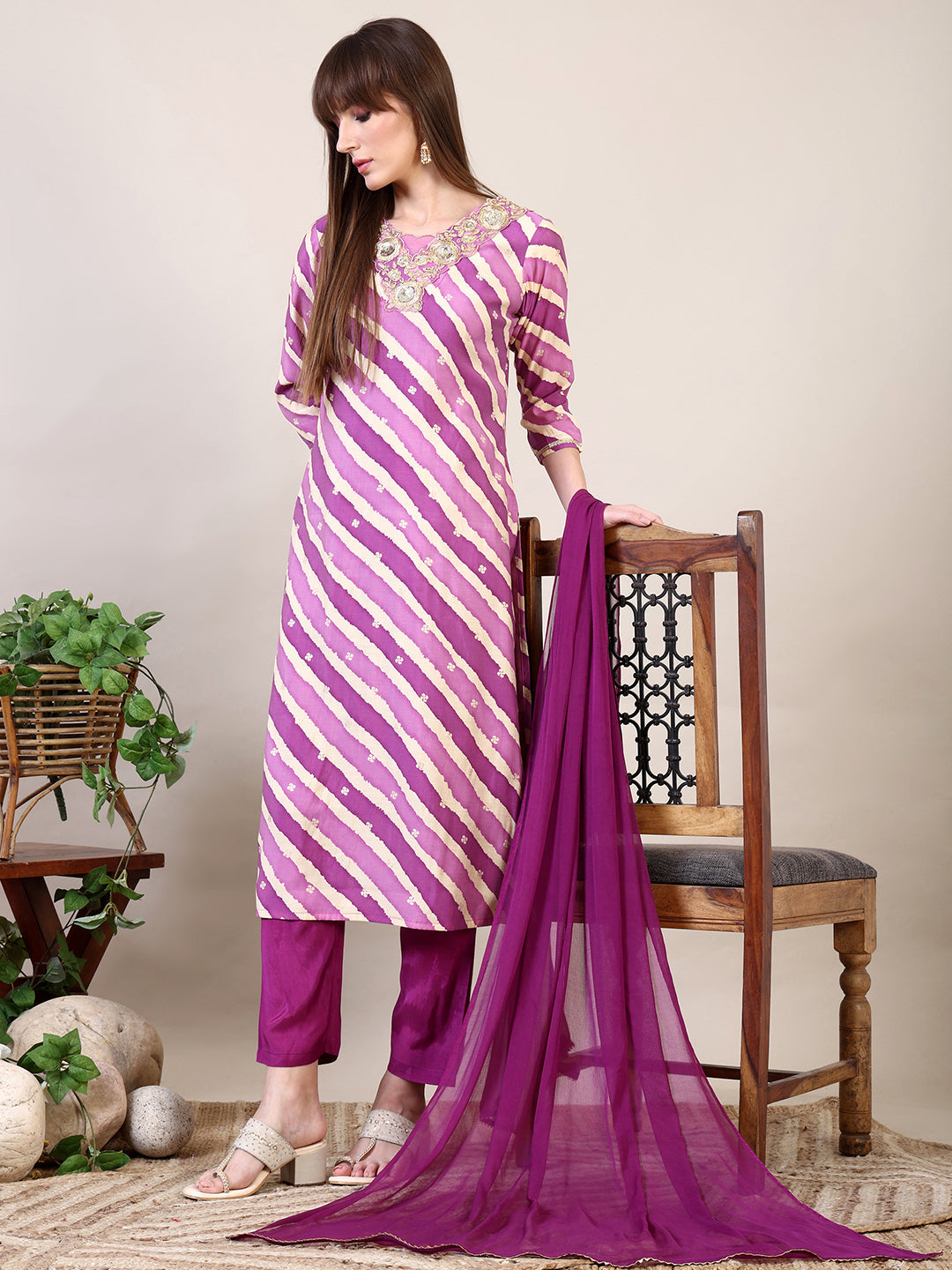 Leheriya Printed & Applique Embroidered Kurta With Pant & Dupatta, Pink - Hiral Fashion