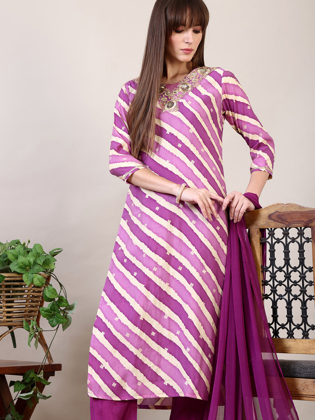 Leheriya Printed & Applique Embroidered Kurta With Pant & Dupatta, Pink - Hiral Fashion