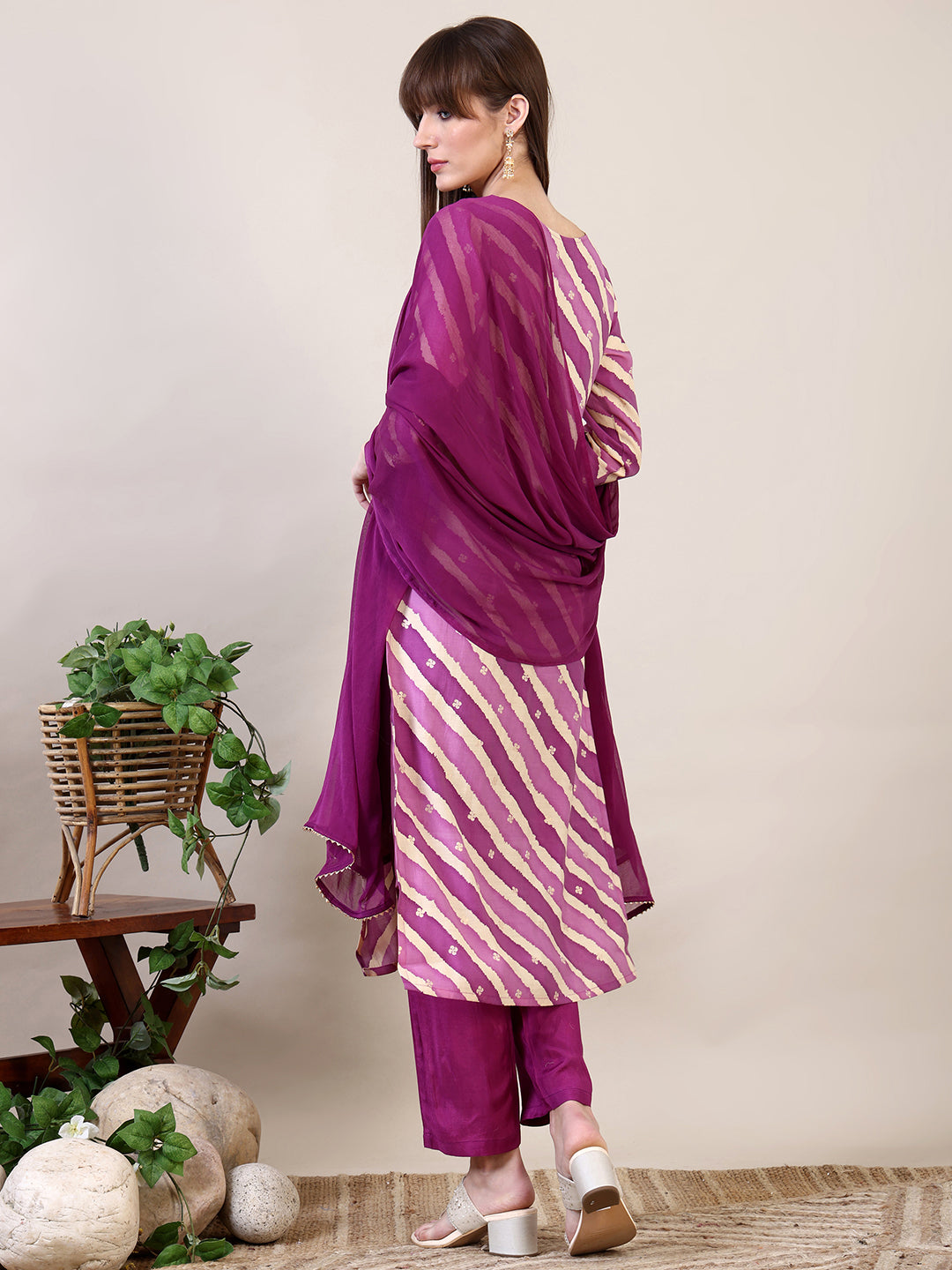 Leheriya Printed & Applique Embroidered Kurta With Pant & Dupatta, Pink - Hiral Fashion