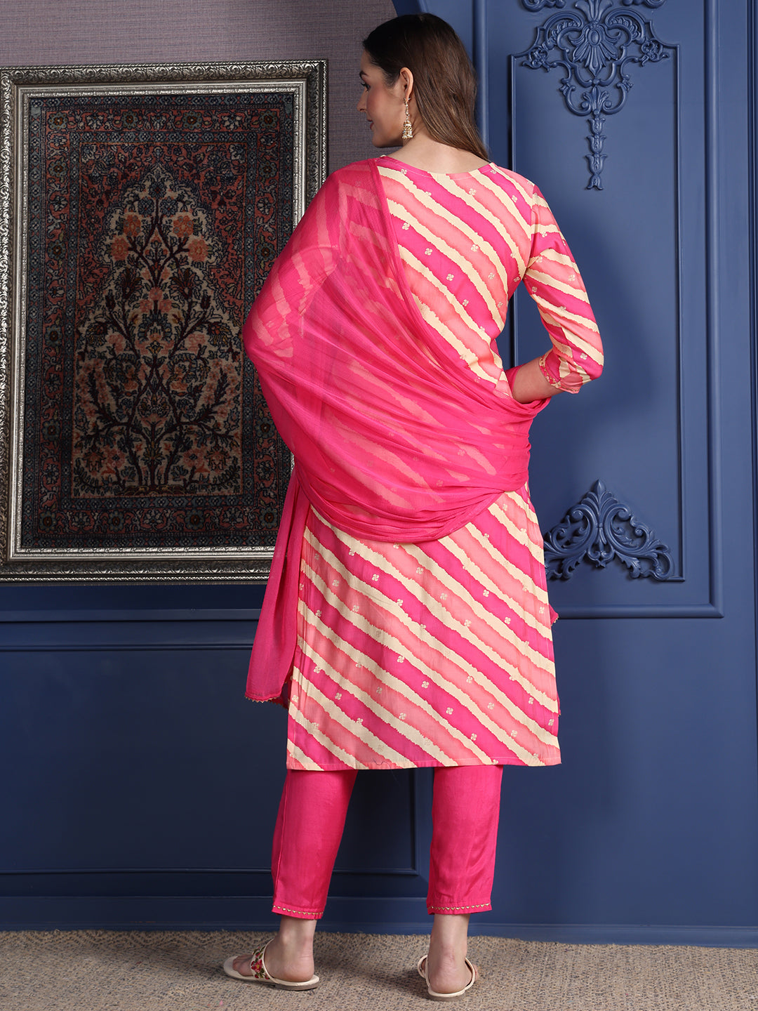Leheriya Printed & Applique Embroidered Kurta With Pant & Dupatta, Pink - Hiral Fashion