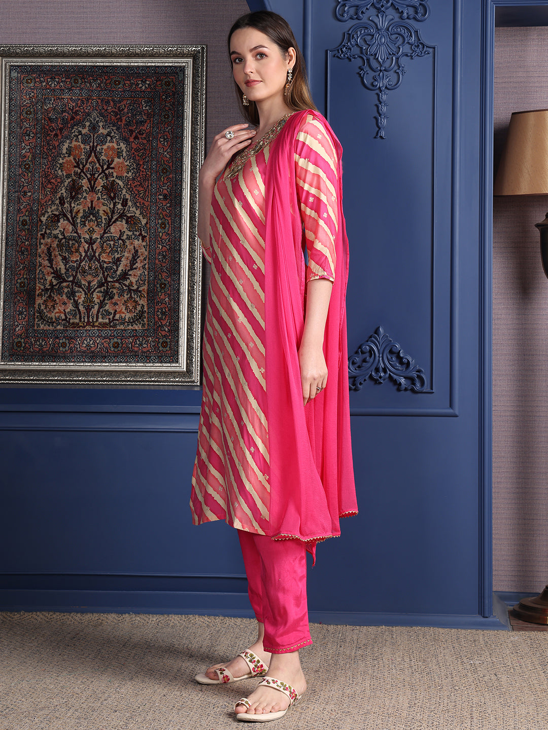 Leheriya Printed & Applique Embroidered Kurta With Pant & Dupatta, Pink - Hiral Fashion