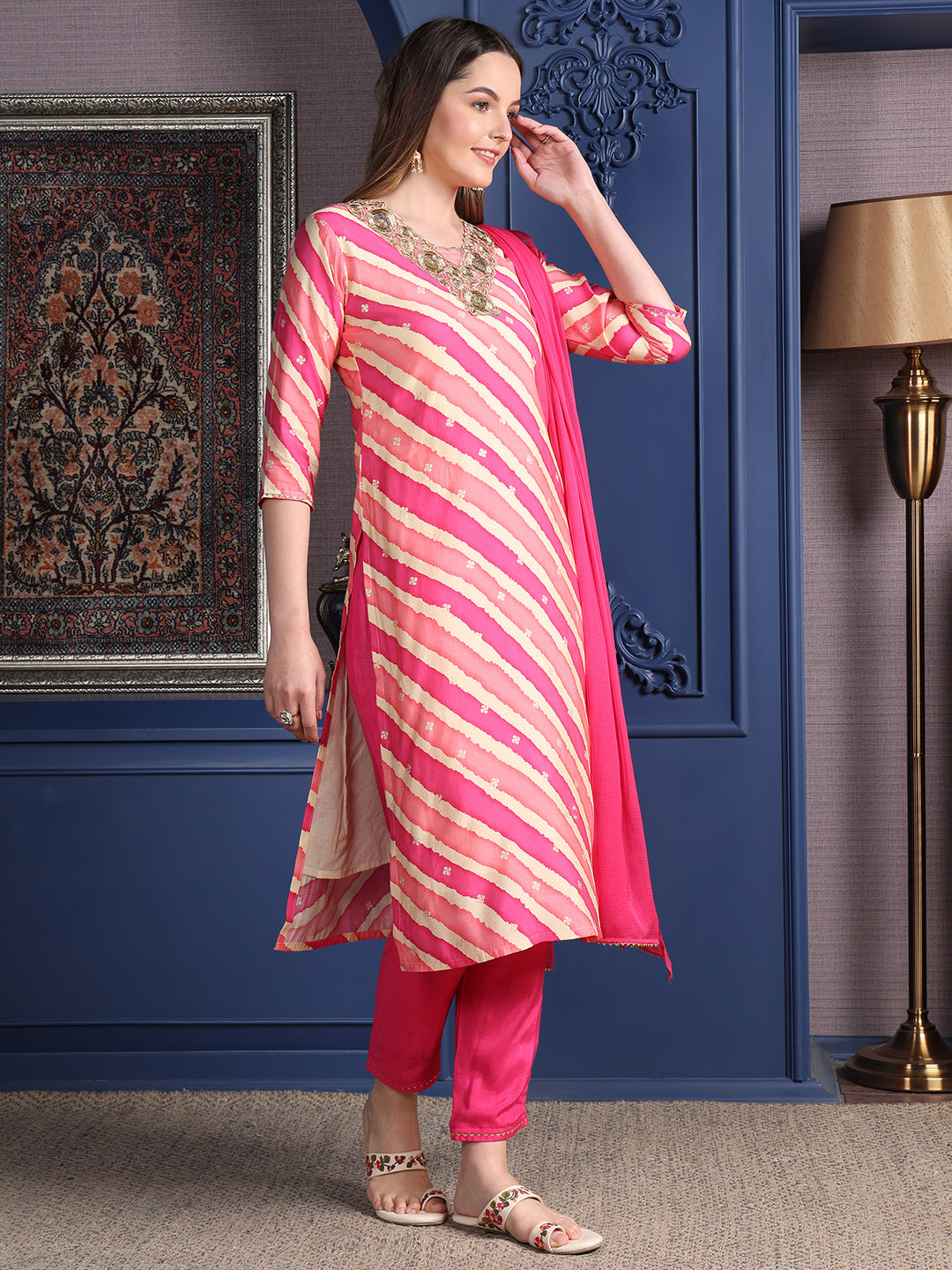 Leheriya Printed & Applique Embroidered Kurta With Pant & Dupatta, Pink - Hiral Fashion