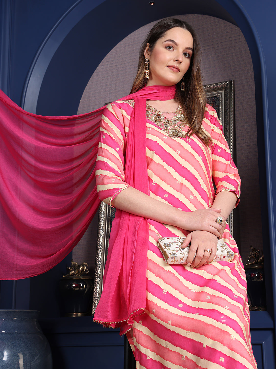 Leheriya Printed & Applique Embroidered Kurta With Pant & Dupatta, Pink - Hiral Fashion