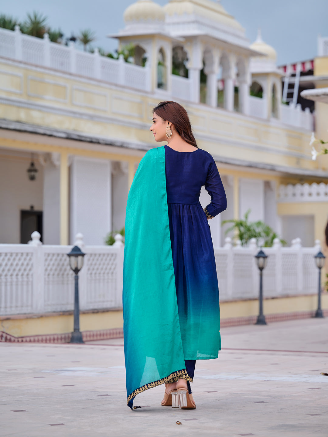 Alia Cut Embroidered Silk Blend Kurta With Pant & Dupatta, Navy Blue - Hiral Fashion