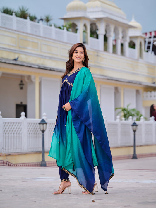 Alia Cut Embroidered Silk Blend Kurta With Pant & Dupatta, Navy Blue - Hiral Fashion