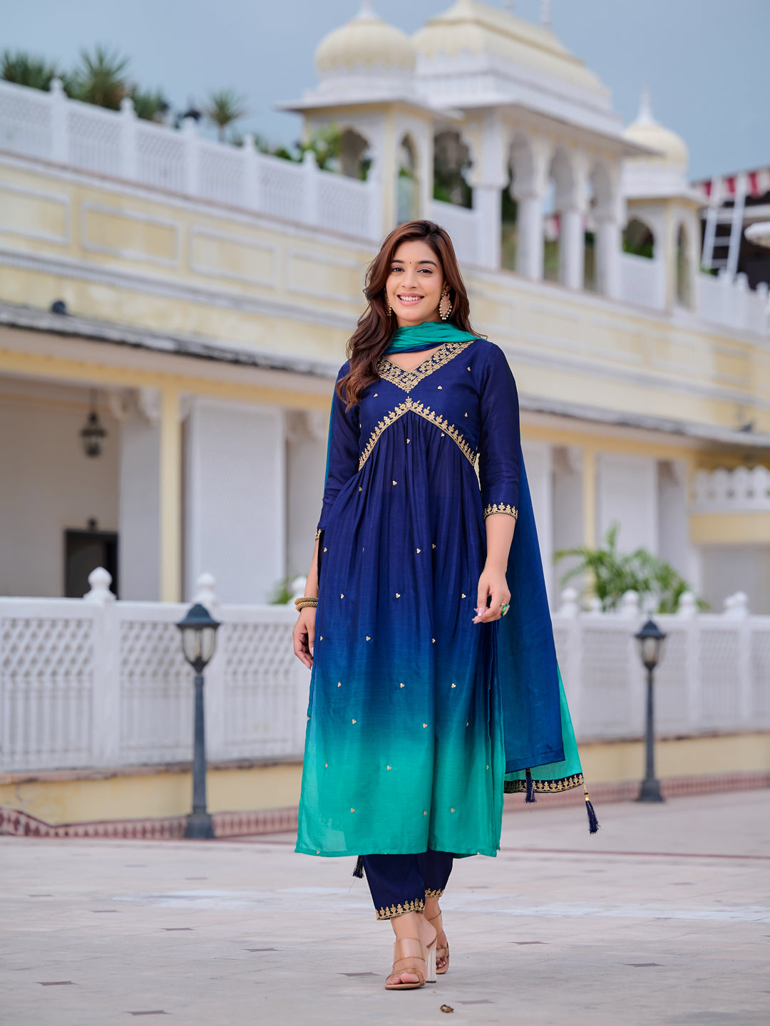 Alia Cut Embroidered Silk Blend Kurta With Pant & Dupatta, Navy Blue - Hiral Fashion