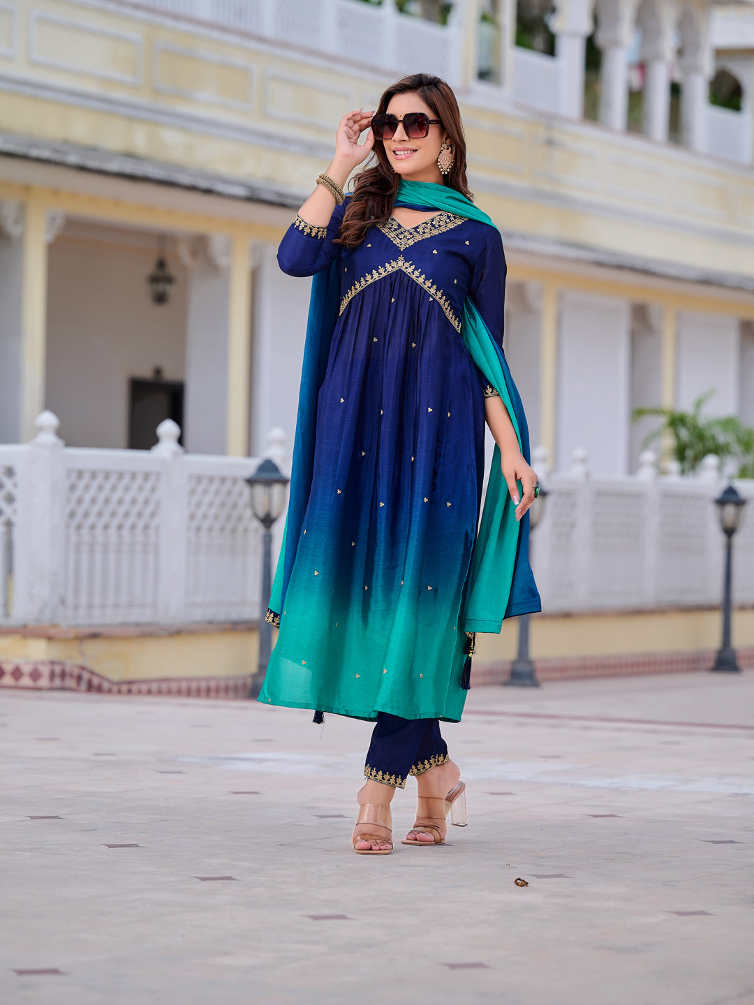 Alia Cut Embroidered Silk Blend Kurta With Pant & Dupatta, Navy Blue - Hiral Fashion