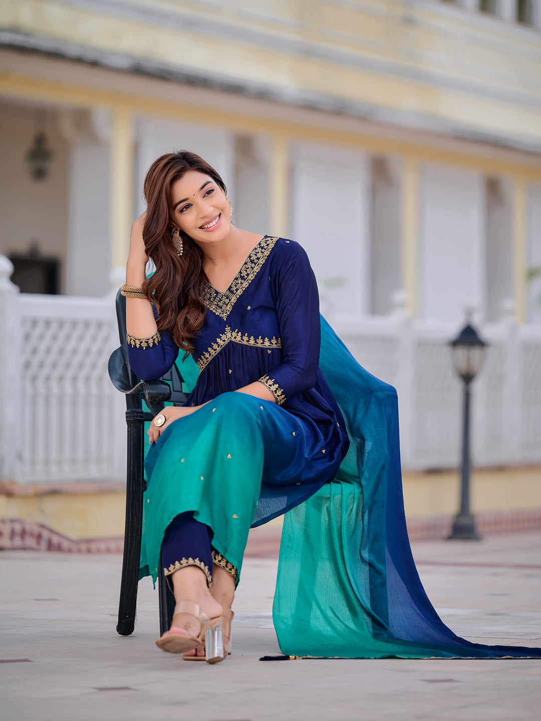 Alia Cut Embroidered Silk Blend Kurta With Pant & Dupatta, Navy Blue - Hiral Fashion