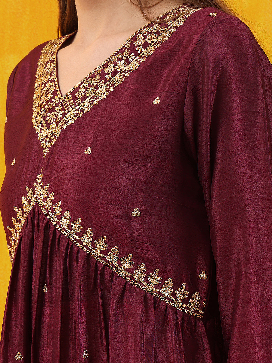 Alia Cut Embroidered Silk Blend Kurta With Pant & Dupatta, Wine - Hiral Fashion