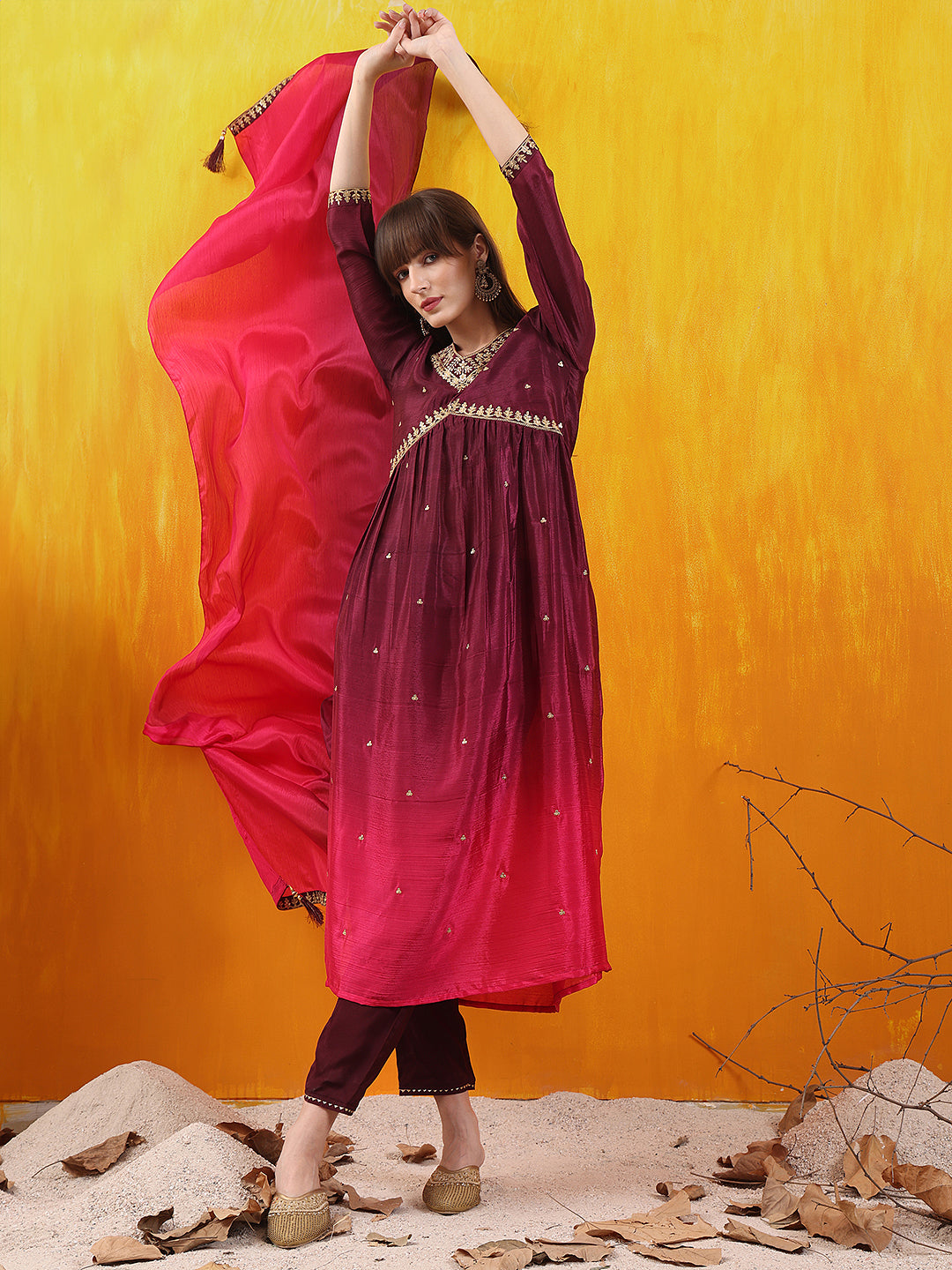 Alia Cut Embroidered Silk Blend Kurta With Pant & Dupatta, Wine - Hiral Fashion