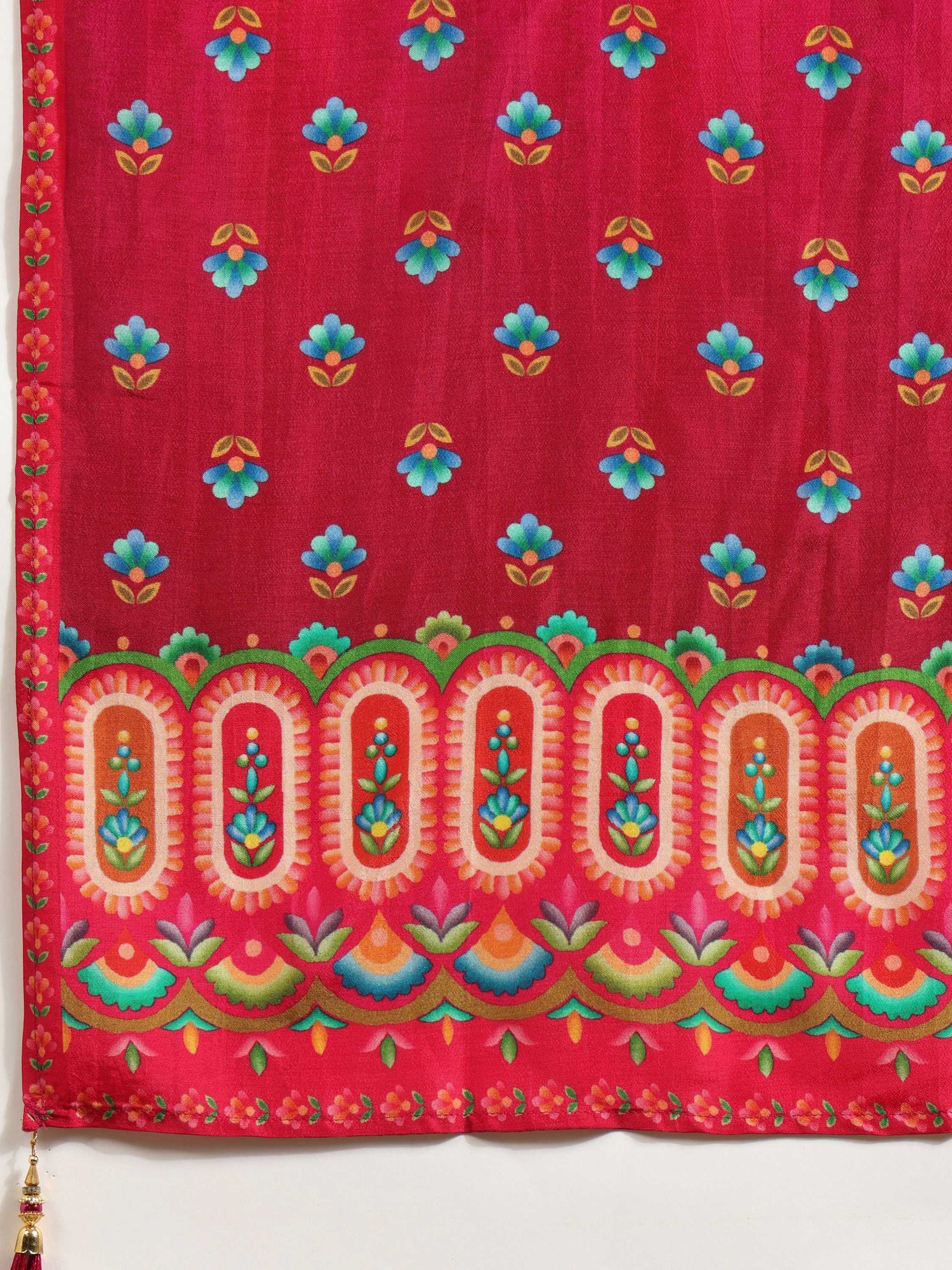 Embroidered & Printed Pure Silk Kurta With Pant & Printed Dupatta, Rani - Hiral Fashion