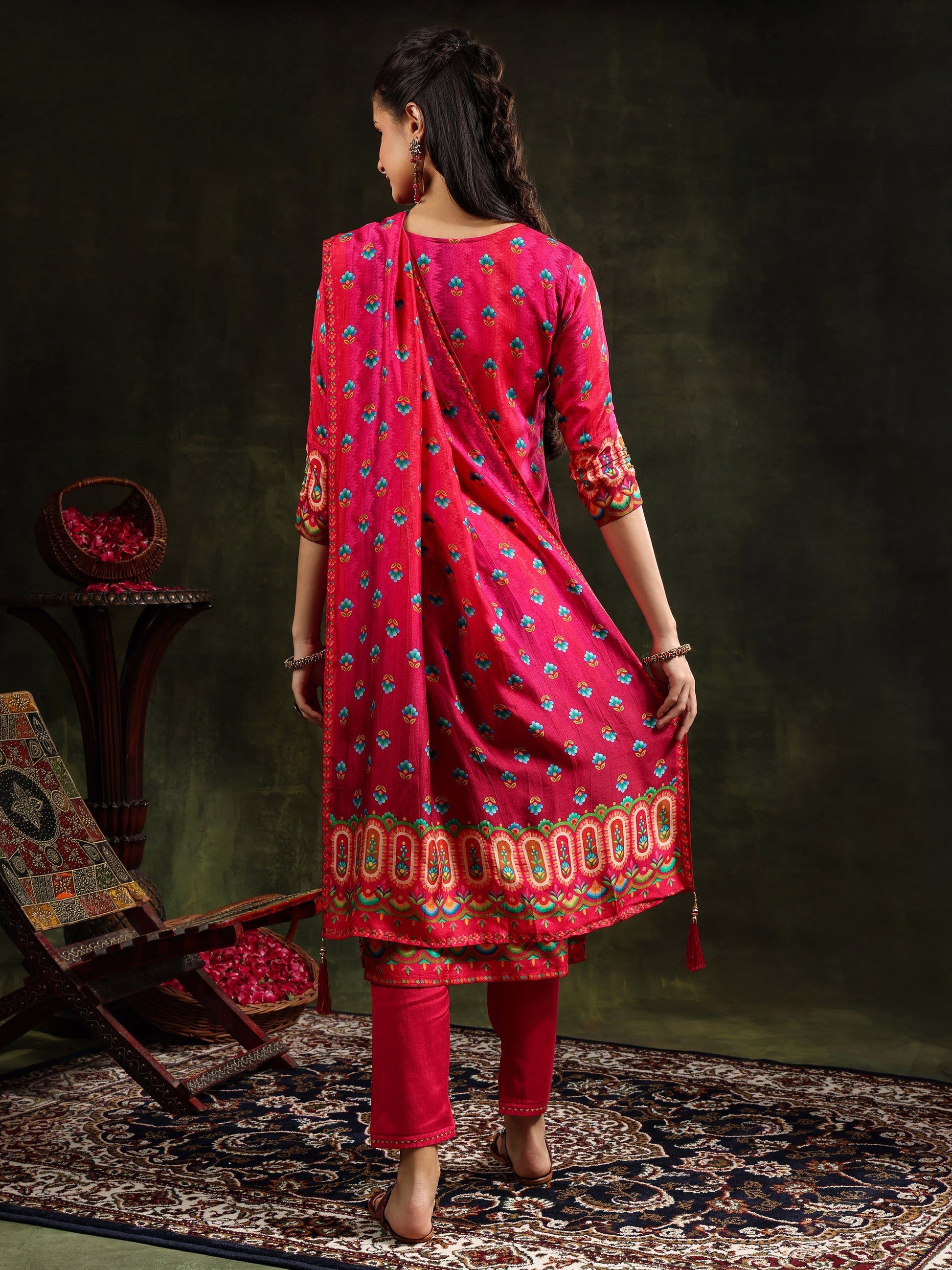 Embroidered & Printed Pure Silk Kurta With Pant & Printed Dupatta, Rani - Hiral Fashion